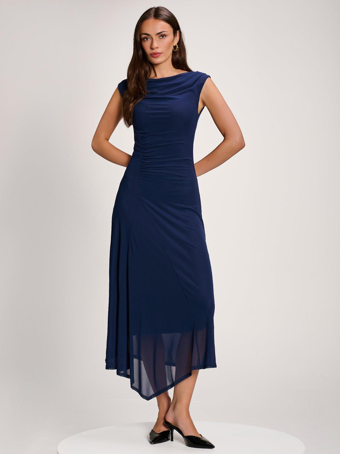 Image 6 of 7 of Jolie Moi Womens Asymmetric Draped Mesh Maxi Dress - Navy