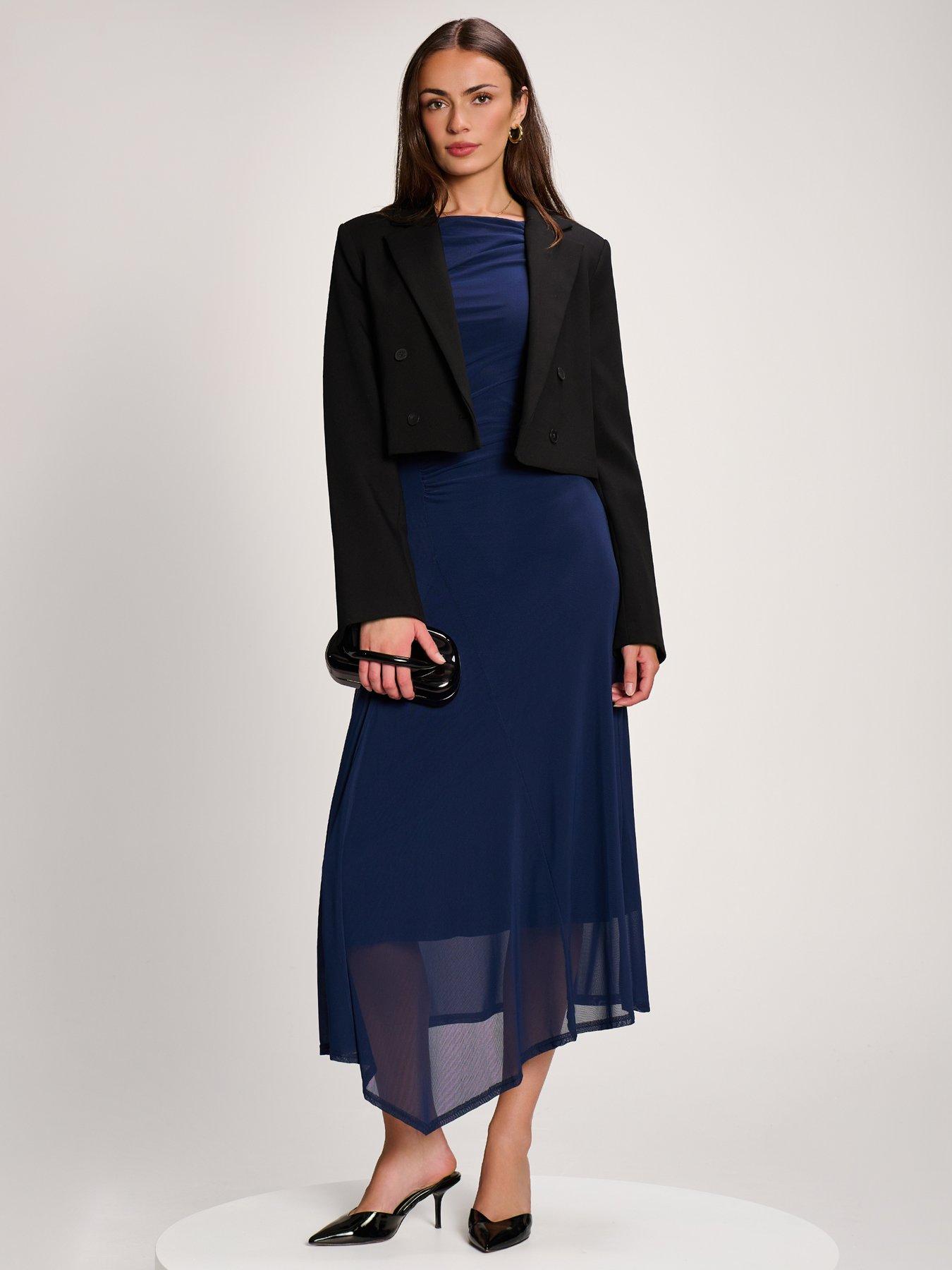 Image 7 of 7 of Jolie Moi Womens Asymmetric Draped Mesh Maxi Dress - Navy