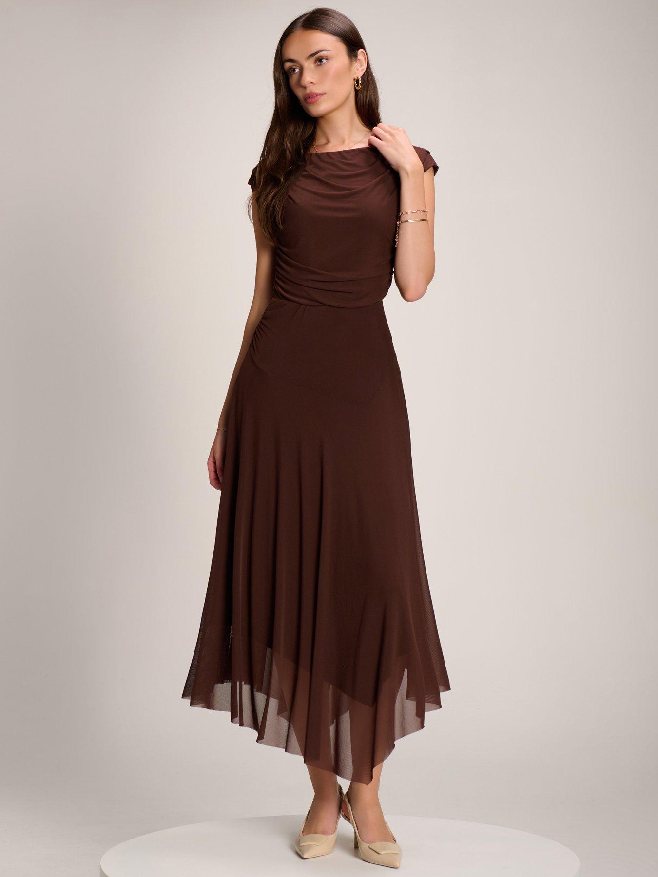 Image 1 of 7 of Jolie Moi Asymmetrical Draped Mesh Maxi Dress