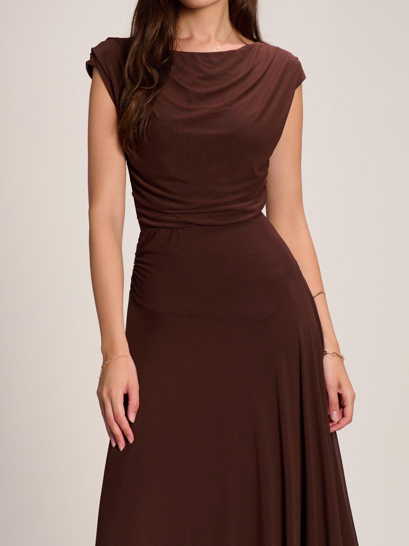 Image 4 of 7 of Jolie Moi Asymmetrical Draped Mesh Maxi Dress