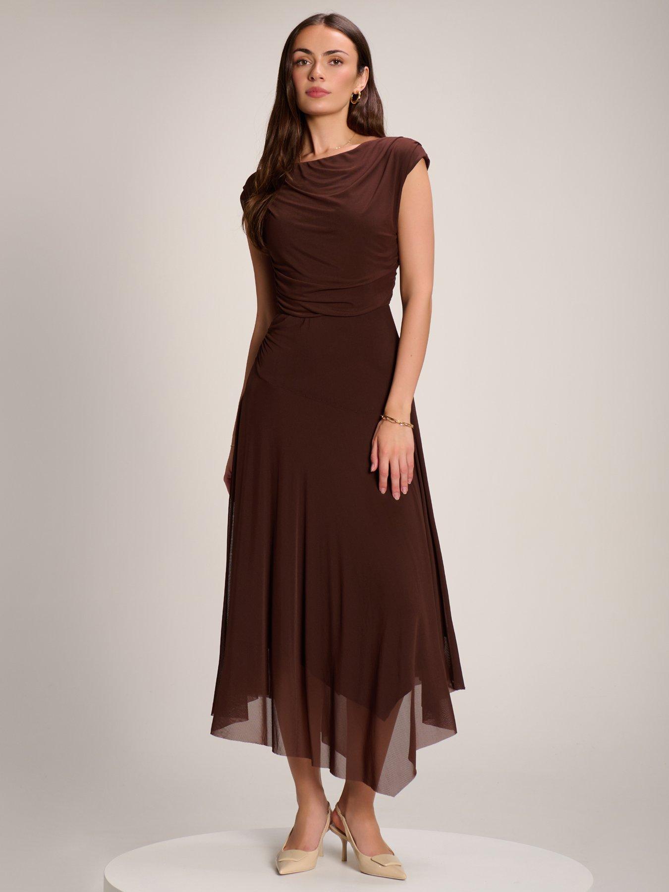 Image 5 of 7 of Jolie Moi Asymmetrical Draped Mesh Maxi Dress