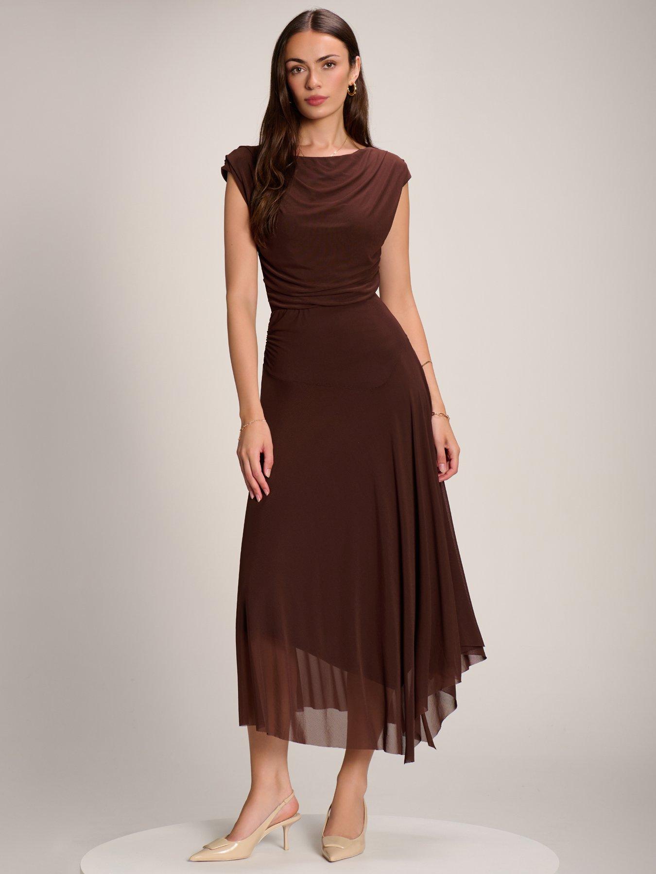 Image 7 of 7 of Jolie Moi Asymmetrical Draped Mesh Maxi Dress