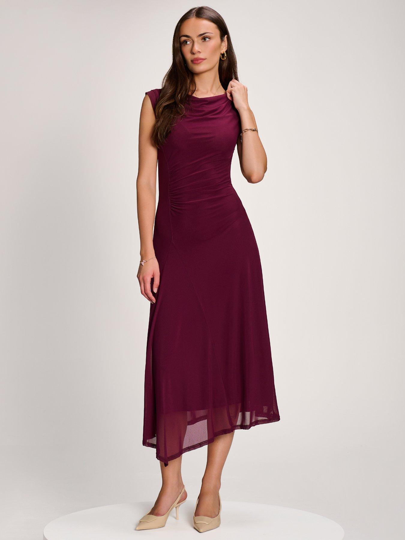 Jolie Moi Asymmetric Draped Mesh Maxi Dress
