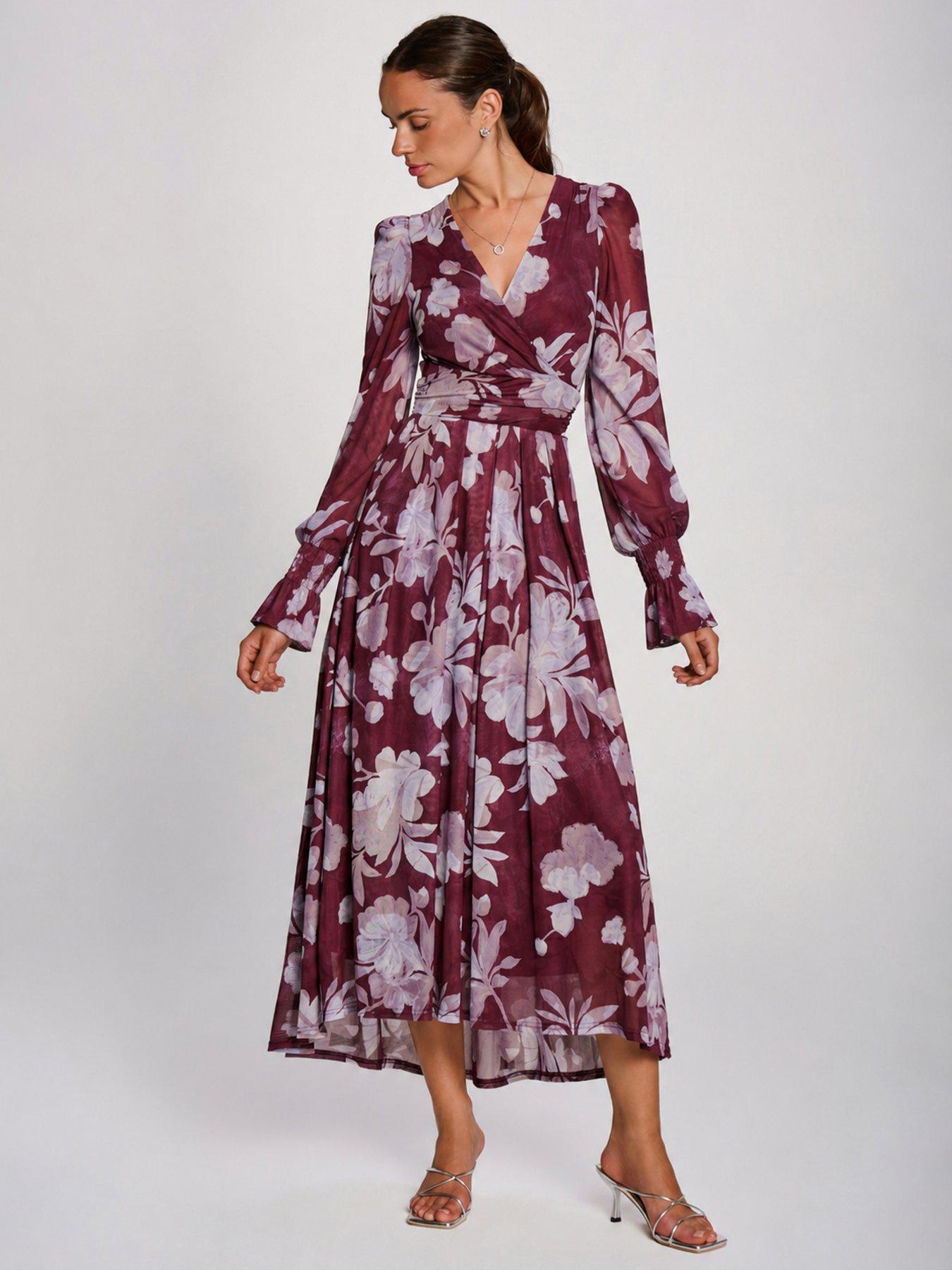 Jolie Moi Womens Wrap Neck Floral Mesh Maxi Dress - Burgundy