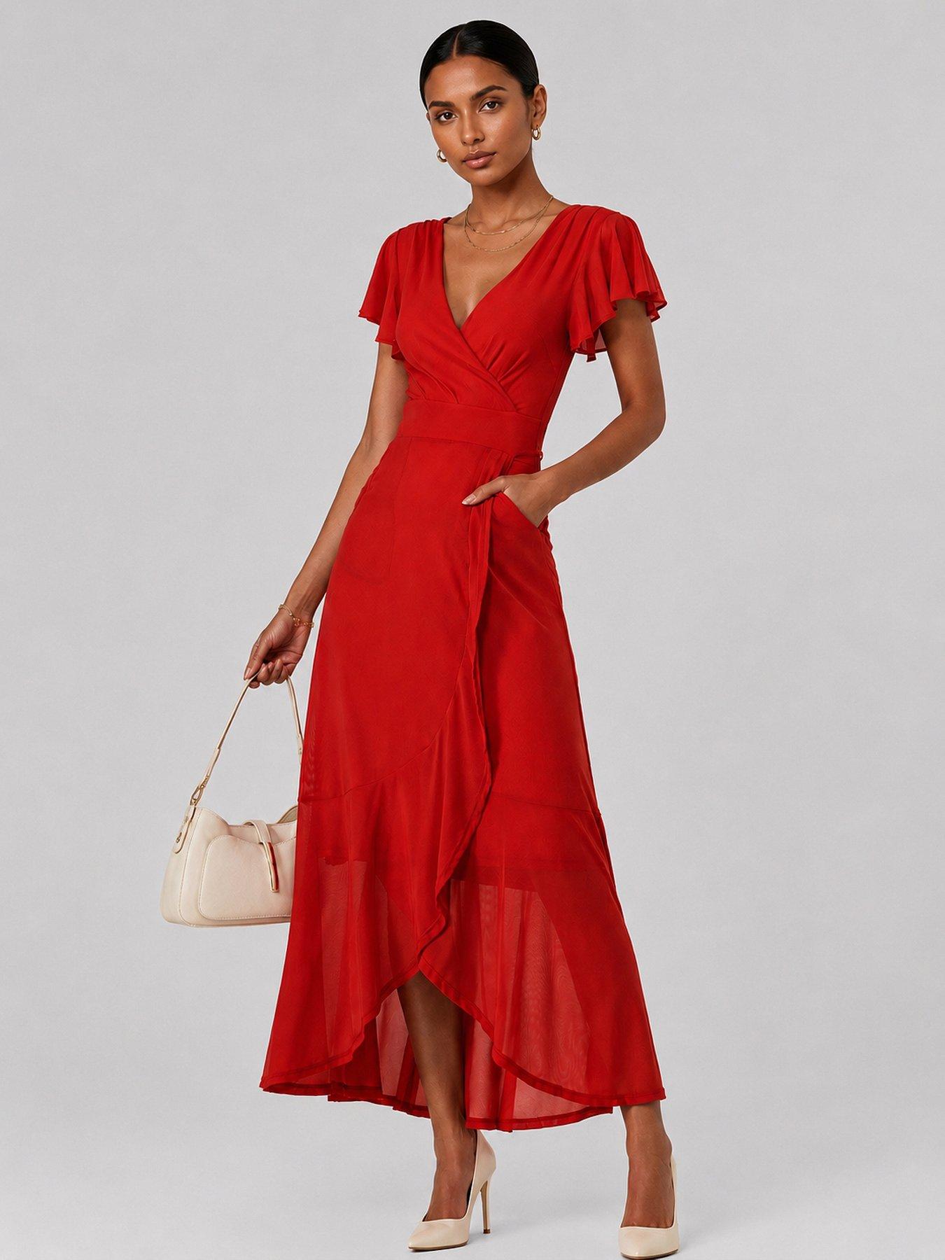 Image 1 of 6 of Jolie Moi Angel Sleeve Mesh Wrap Maxi Dress