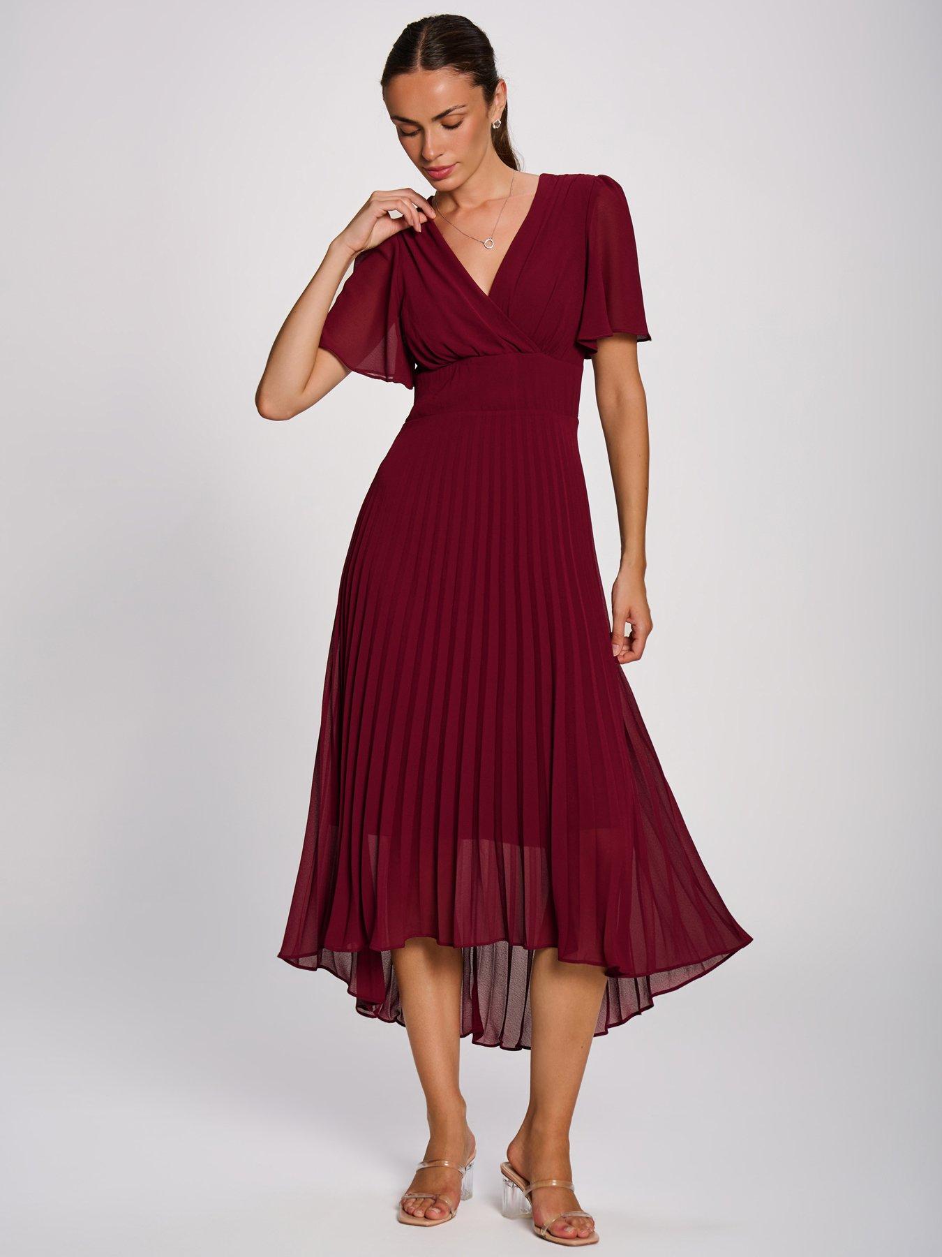 Jolie Moi Womens Pleated Wrap Neck Maxi Dress - Red
