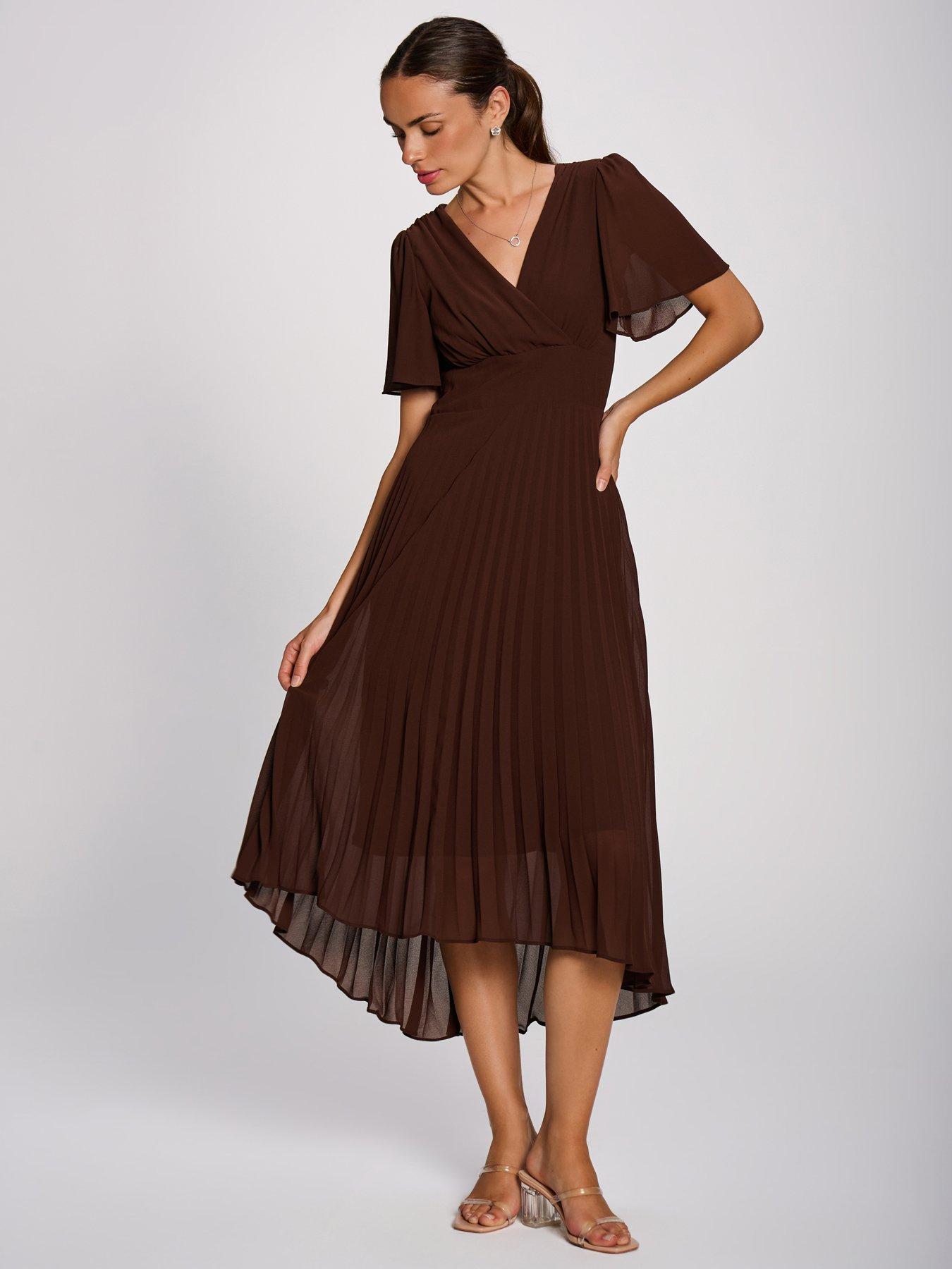 Jolie Moi Womens Wrap Neck Pleated Chiffon Maxi Dress - Brown