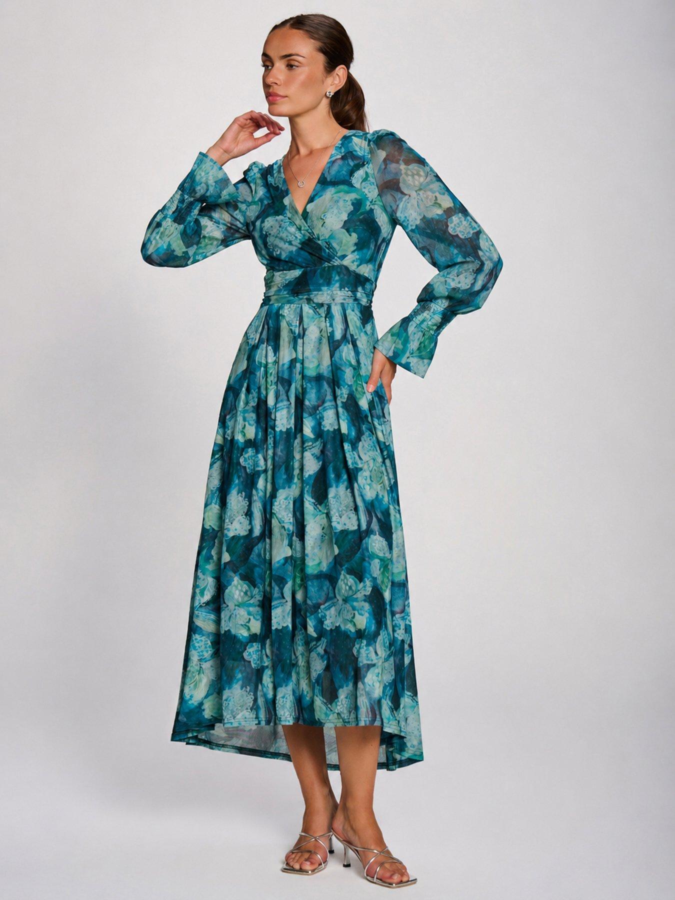 Jolie Moi Womens Floral Mesh Wrap Belted Maxi Dress - Blue