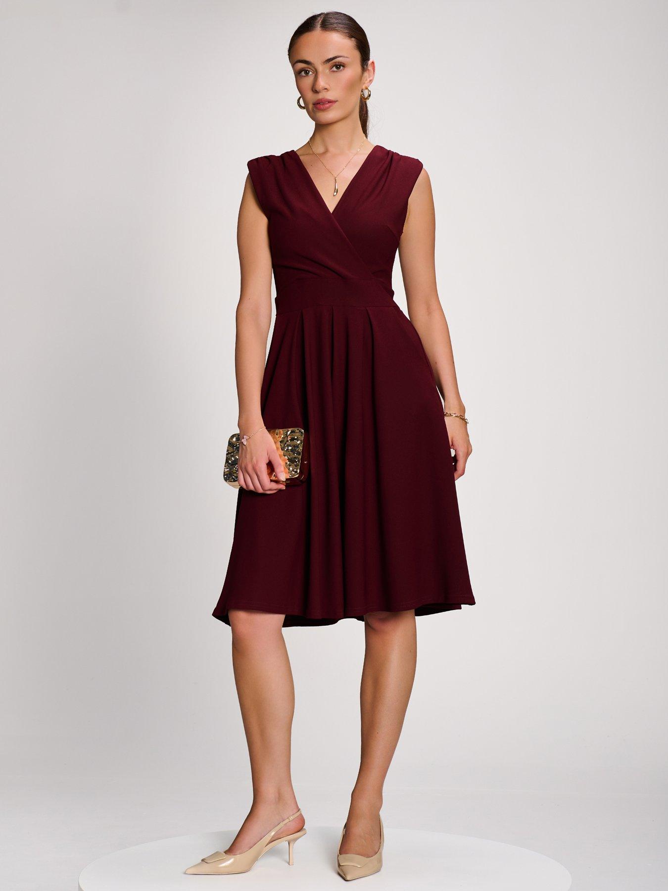 Jolie Moi Womens Wrap-Look V-Neck Stretch Midi Dress - Red
