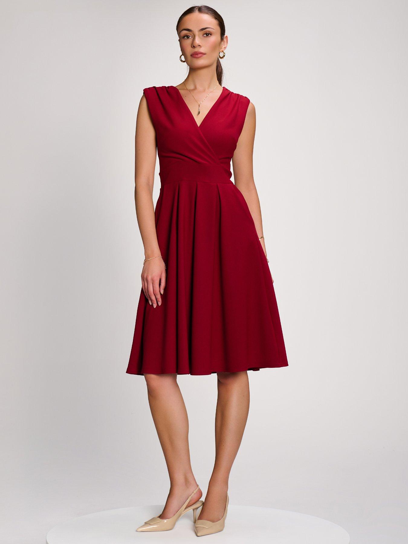 Jolie Moi Womens Wrap Look Sleeveless Midi Dress - Red