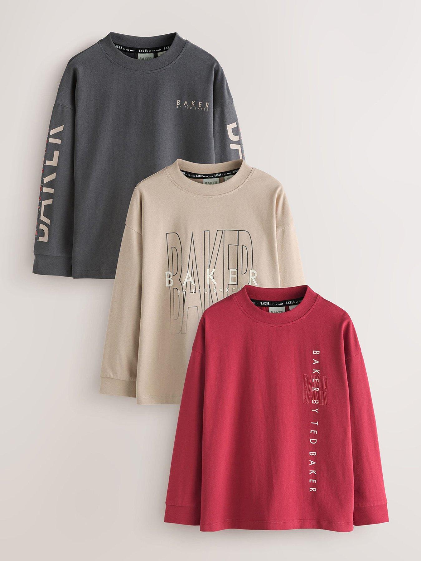Image 1 of 6 of Ted Baker Boys Stone/red/charcoal 3 Pack Long Sleeve Graphic T-shirts - Multi