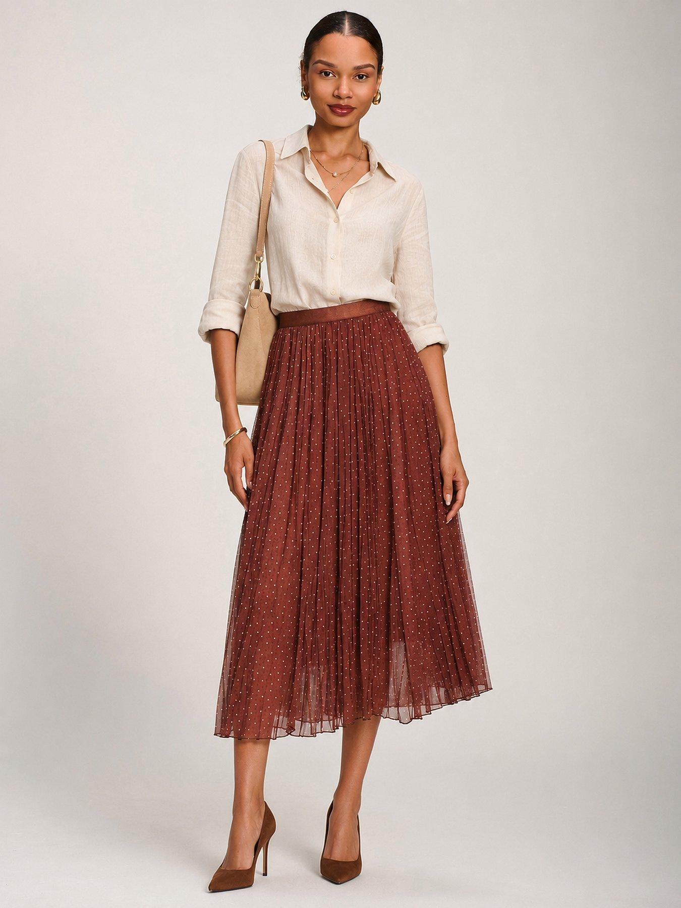 Jolie Moi Womens Crinkle Mesh Pleated Midi Skirt - Brown