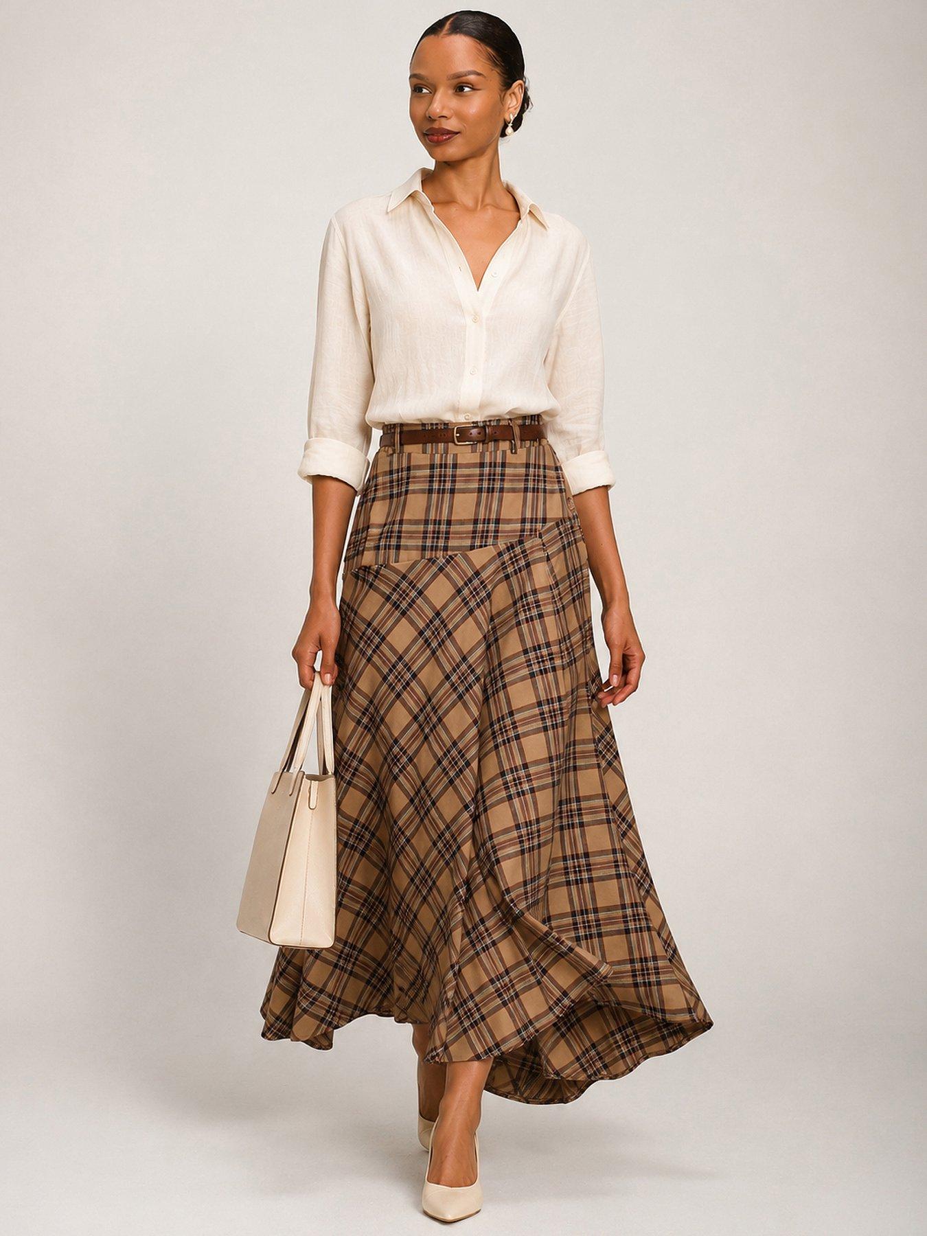 Jolie Moi Womens Asymmetric Check Woven Maxi Skirt - Brown