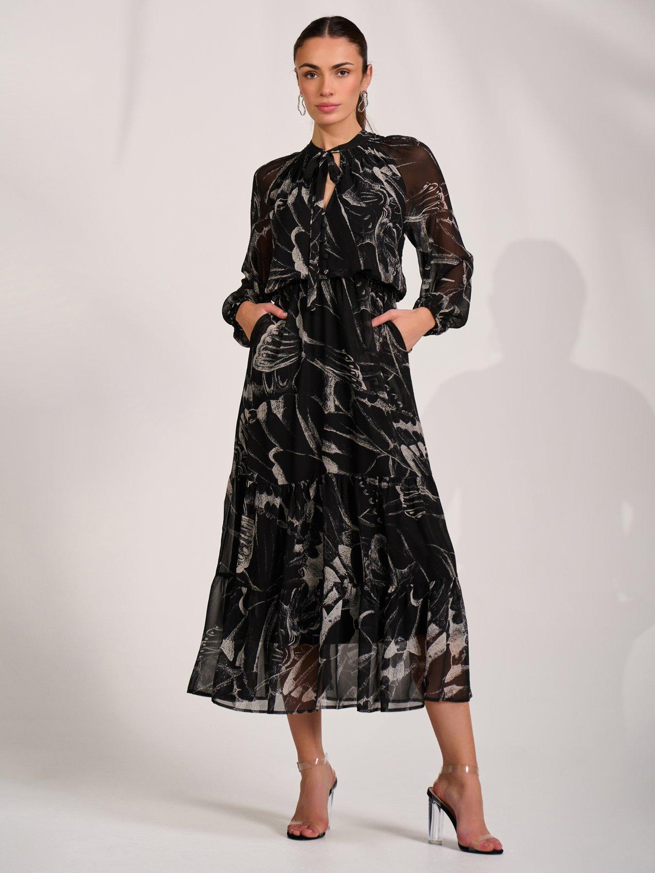 Jolie Moi Womens Chiffon Tiered Tie Neck Maxi Dress - Black