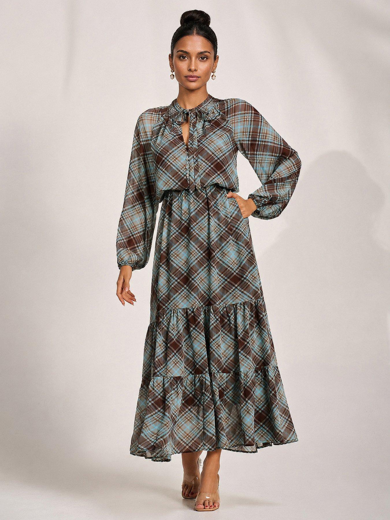 Jolie Moi Womens Chiffon Tie-Neck Tiered Maxi Dress - Multi
