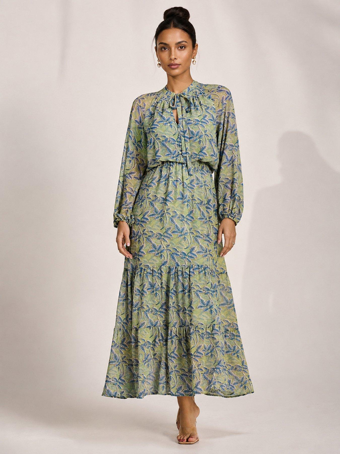 Jolie Moi Womens Tie Neck Tiered Chiffon Maxi Dress - Green