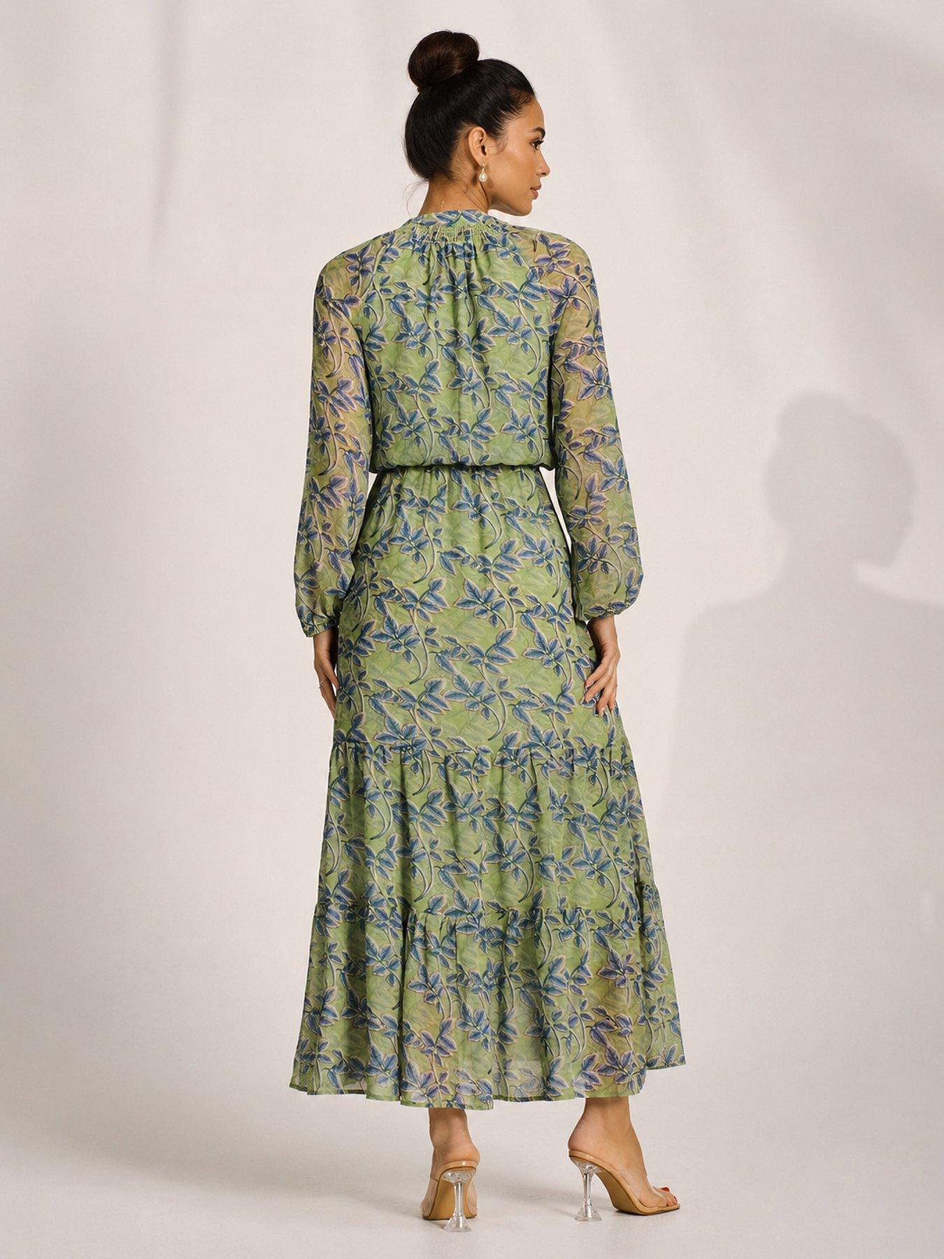 Image 2 of 6 of Jolie Moi Womens Tie Neck Tiered Chiffon Maxi Dress - Green