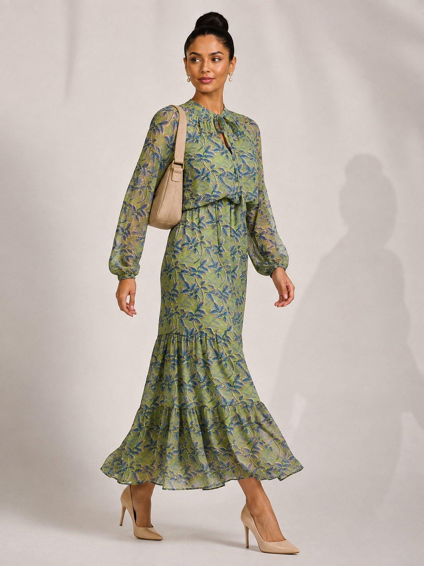 Image 3 of 6 of Jolie Moi Womens Tie Neck Tiered Chiffon Maxi Dress - Green