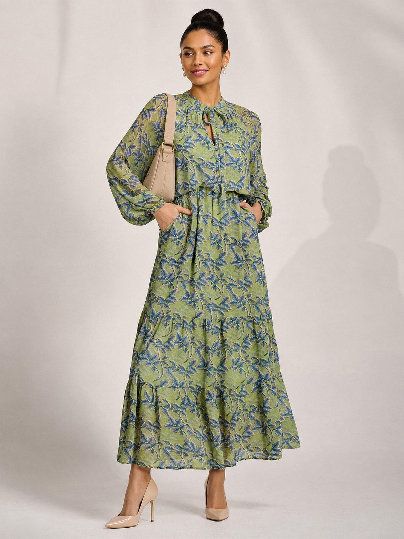 Image 5 of 6 of Jolie Moi Womens Tie Neck Tiered Chiffon Maxi Dress - Green