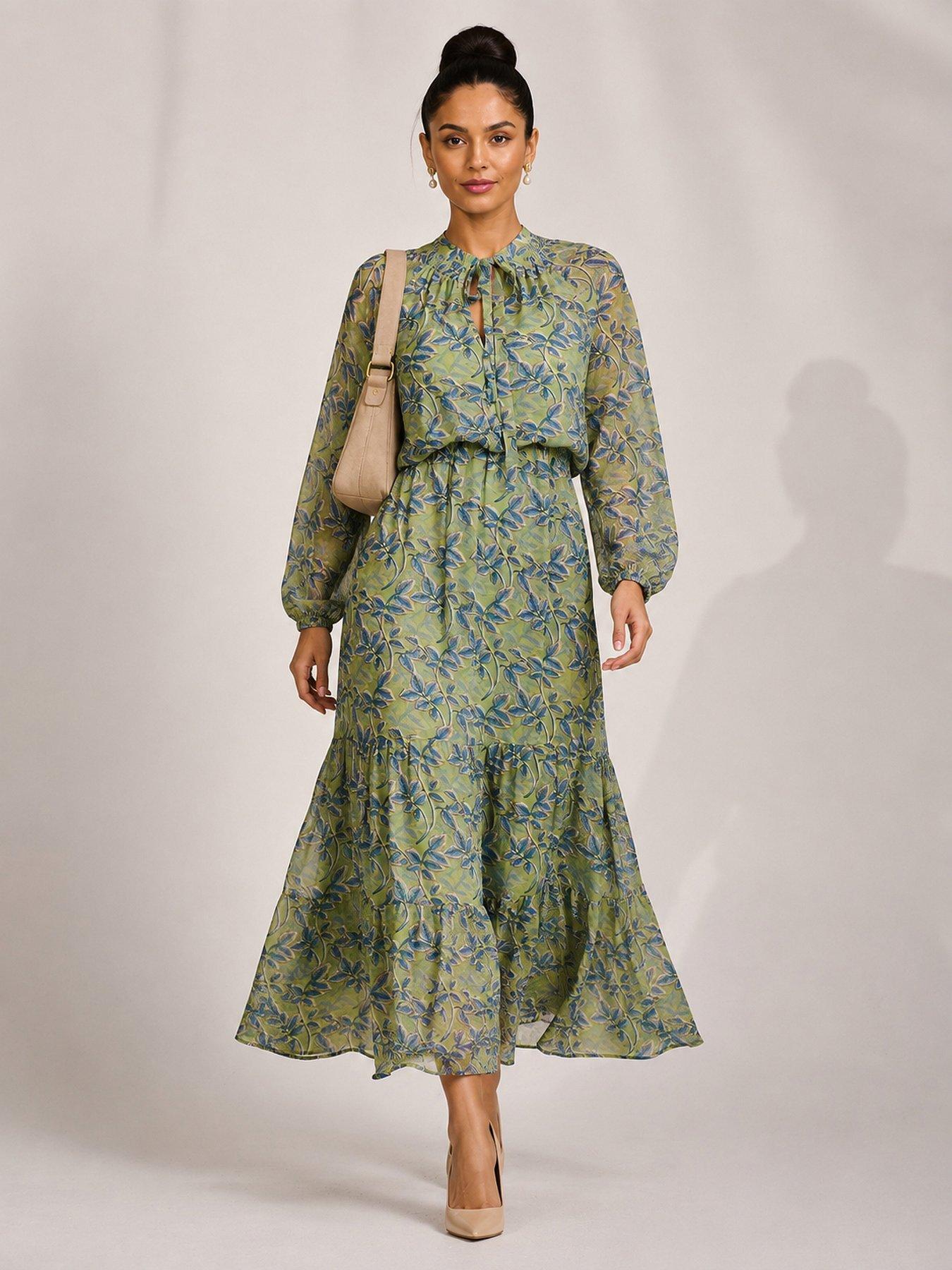 Image 6 of 6 of Jolie Moi Womens Tie Neck Tiered Chiffon Maxi Dress - Green