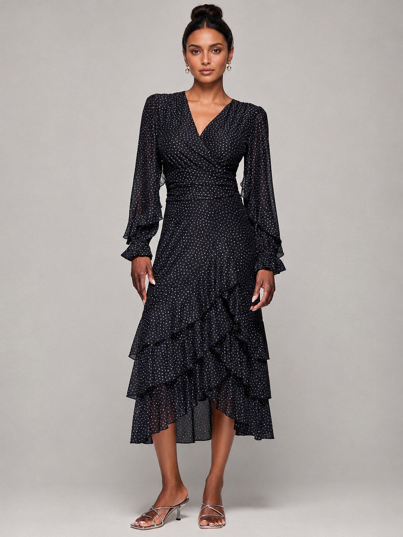 Jolie Moi Long Sleeve Frill Detail Mesh Maxi Dress