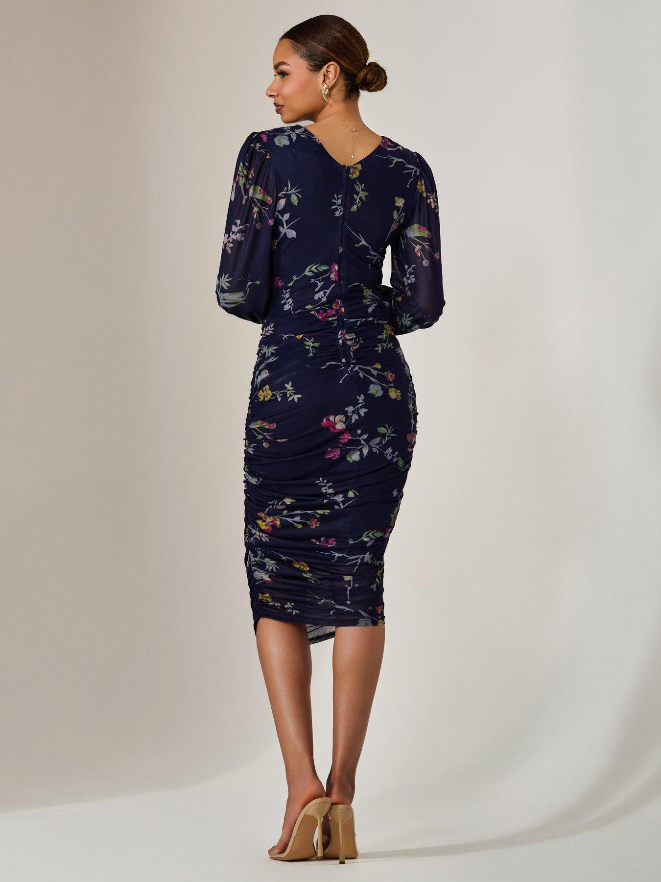 Image 2 of 6 of Jolie Moi Womens Ruched Wrap V-Neck Bodycon Dress - Navy