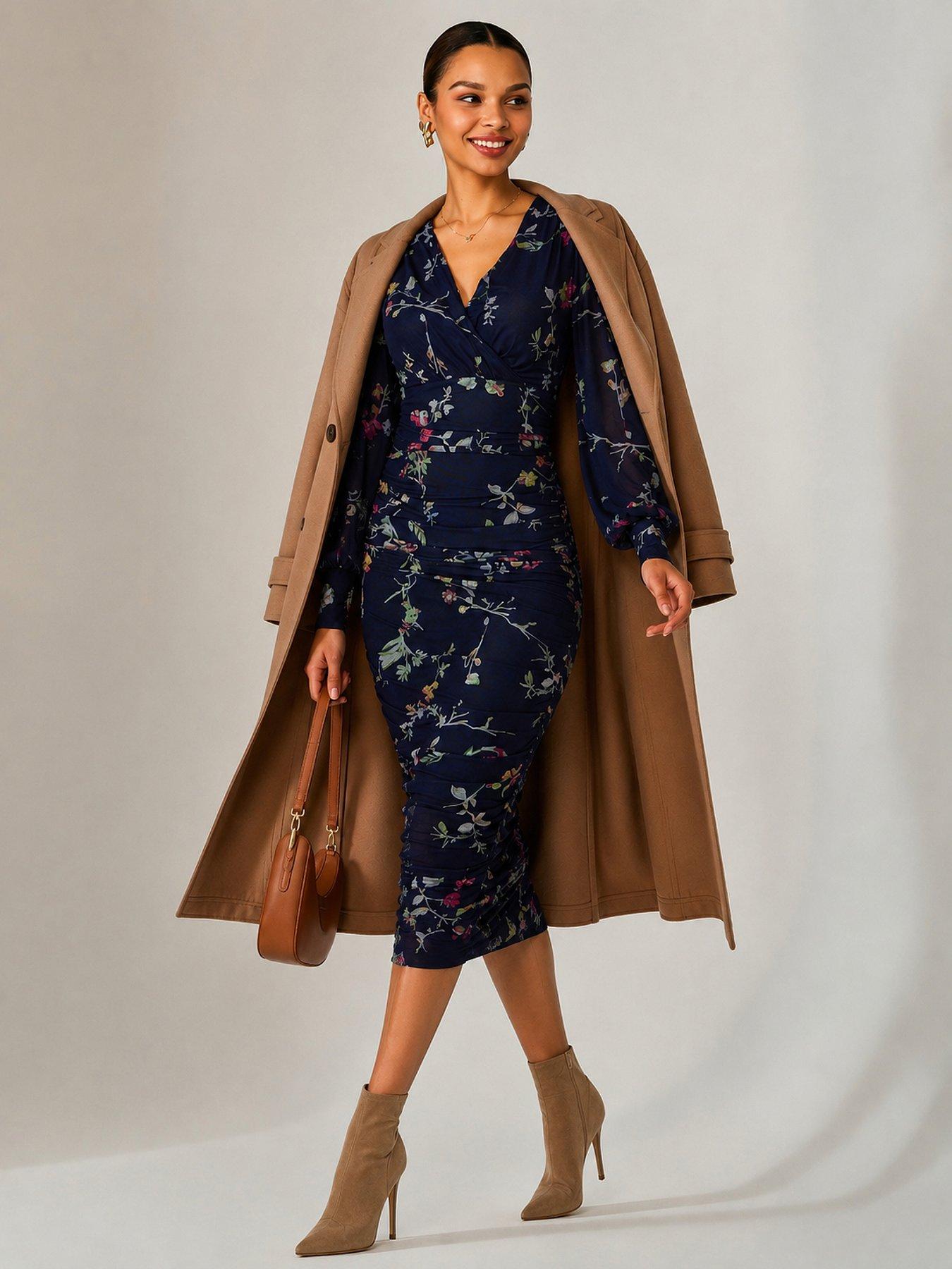 Image 3 of 6 of Jolie Moi Womens Ruched Wrap V-Neck Bodycon Dress - Navy