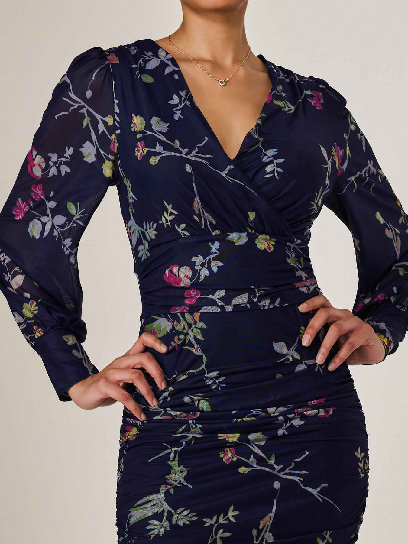 Image 4 of 6 of Jolie Moi Womens Ruched Wrap V-Neck Bodycon Dress - Navy