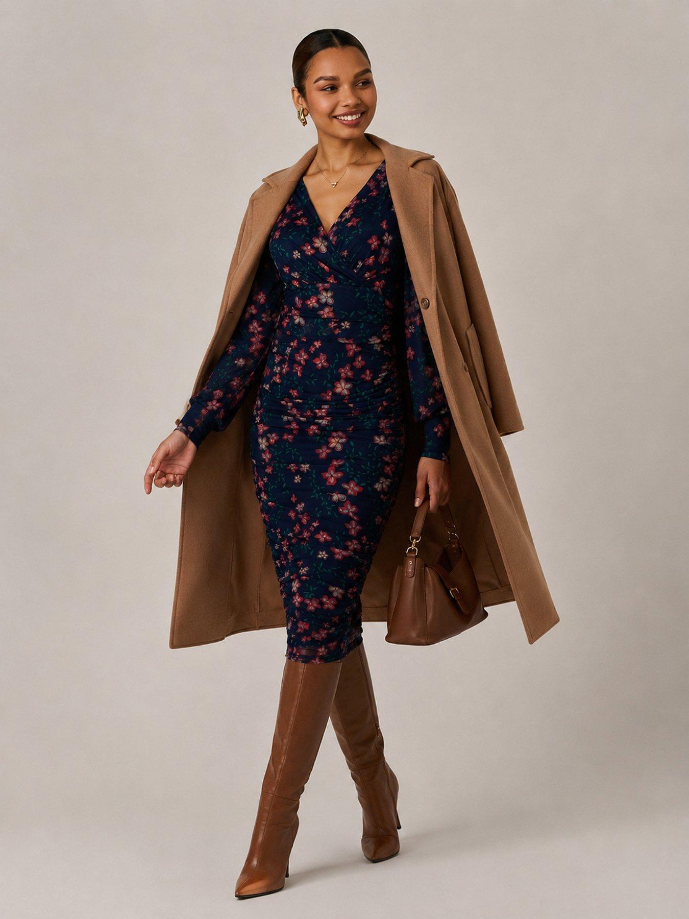 Image 5 of 6 of Jolie Moi Womens Ruched Wrap V-Neck Bodycon Dress - Navy