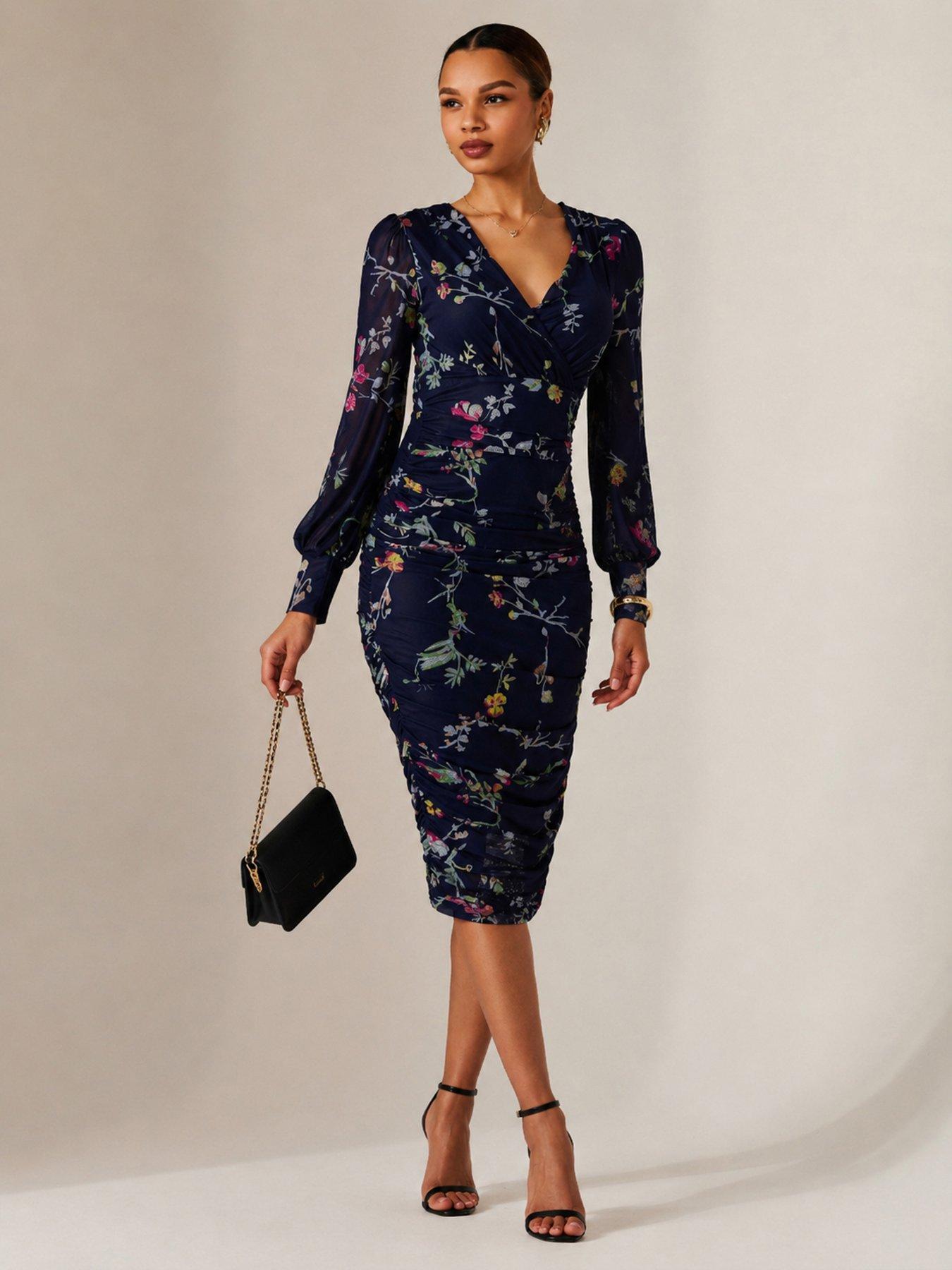 Image 6 of 6 of Jolie Moi Womens Ruched Wrap V-Neck Bodycon Dress - Navy