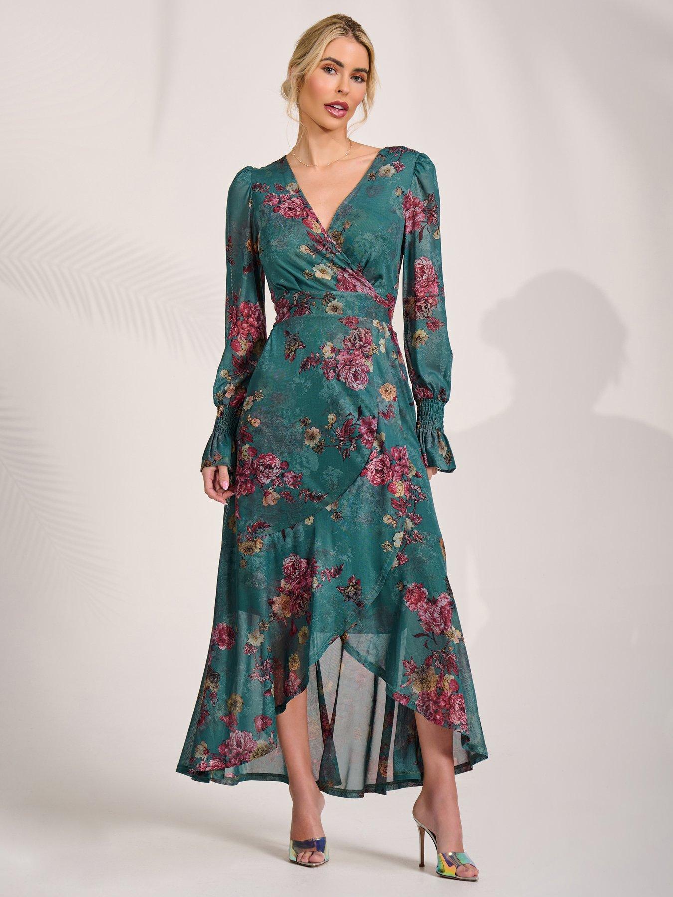 Jolie Moi Womens Wrap Front Frill Hem Mesh Maxi Dress - Green