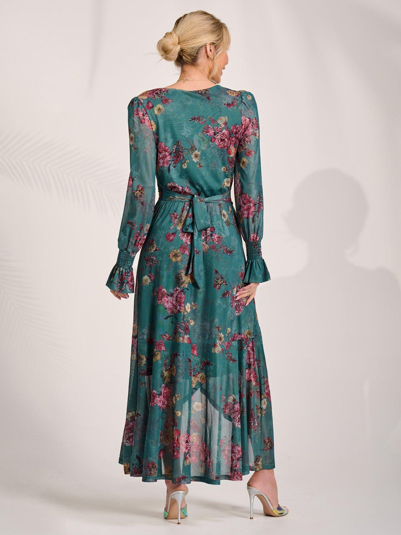 Image 2 of 7 of Jolie Moi Womens Wrap Front Frill Hem Mesh Maxi Dress - Green