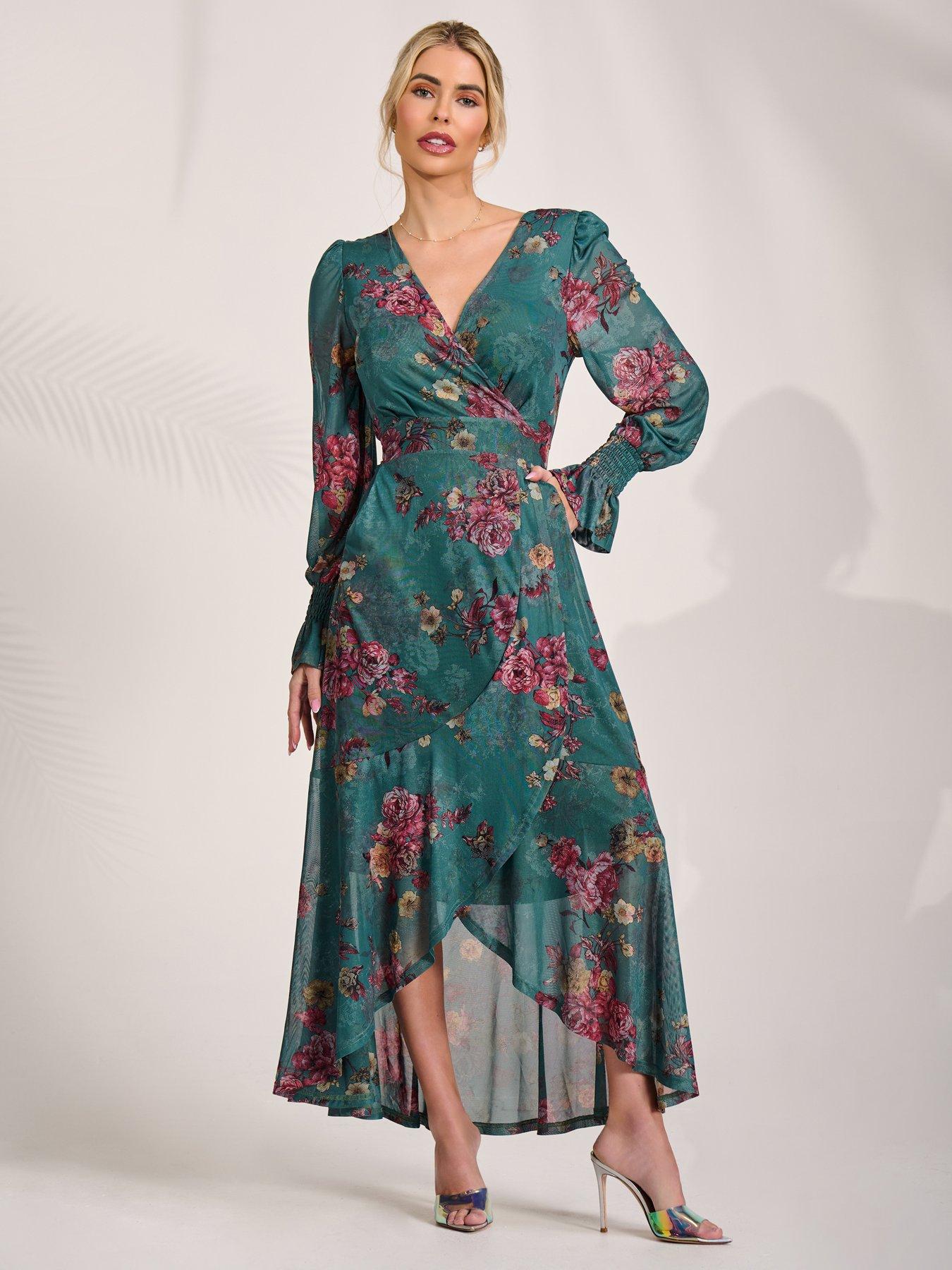 Image 3 of 7 of Jolie Moi Womens Wrap Front Frill Hem Mesh Maxi Dress - Green