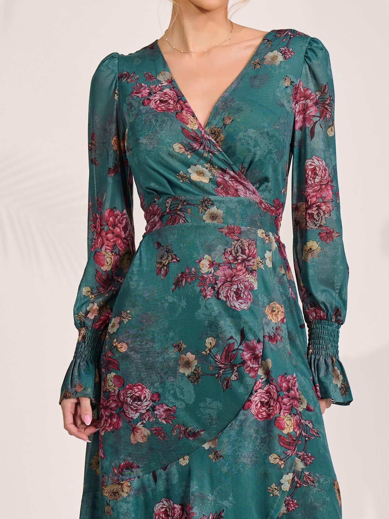 Image 4 of 7 of Jolie Moi Womens Wrap Front Frill Hem Mesh Maxi Dress - Green