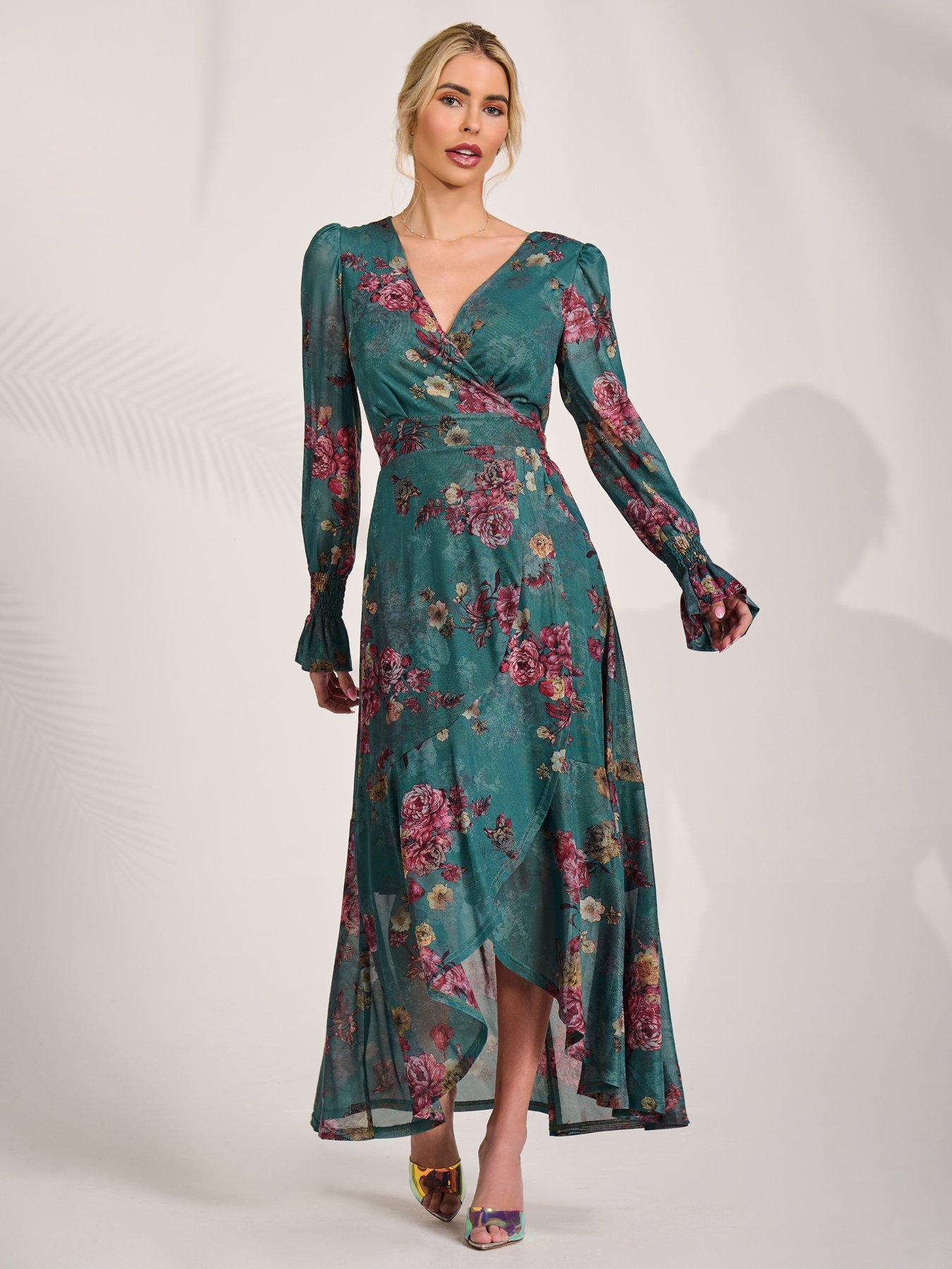 Image 5 of 7 of Jolie Moi Womens Wrap Front Frill Hem Mesh Maxi Dress - Green