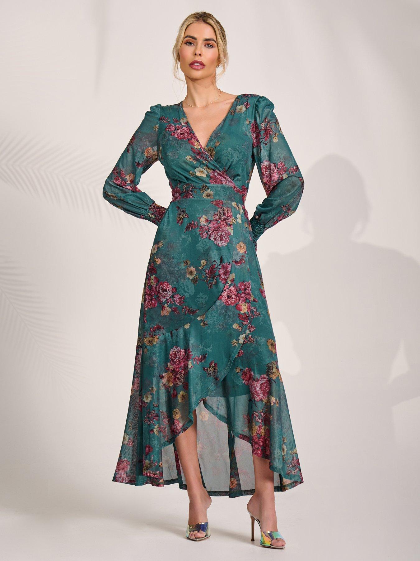 Image 6 of 7 of Jolie Moi Womens Wrap Front Frill Hem Mesh Maxi Dress - Green