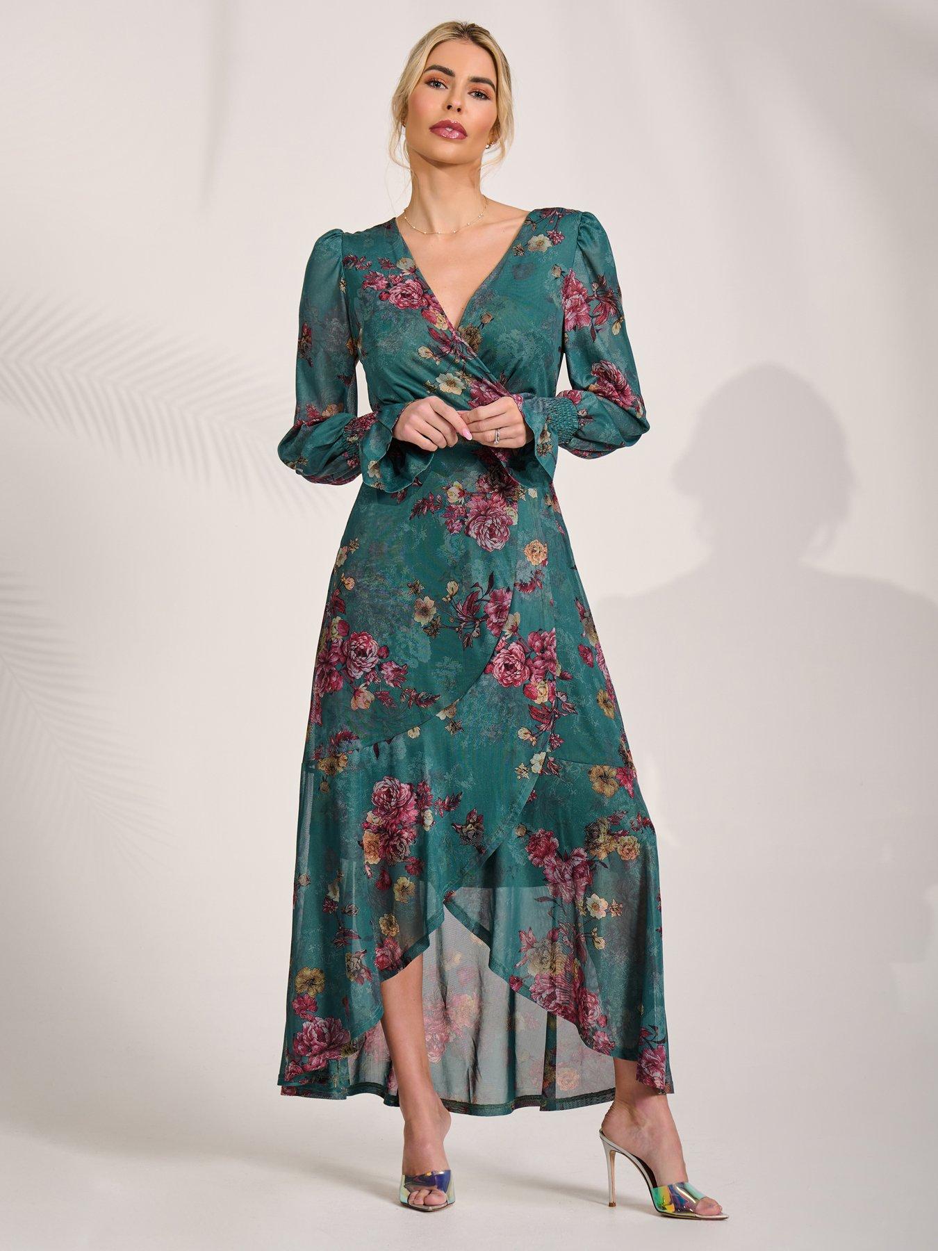 Image 7 of 7 of Jolie Moi Womens Wrap Front Frill Hem Mesh Maxi Dress - Green
