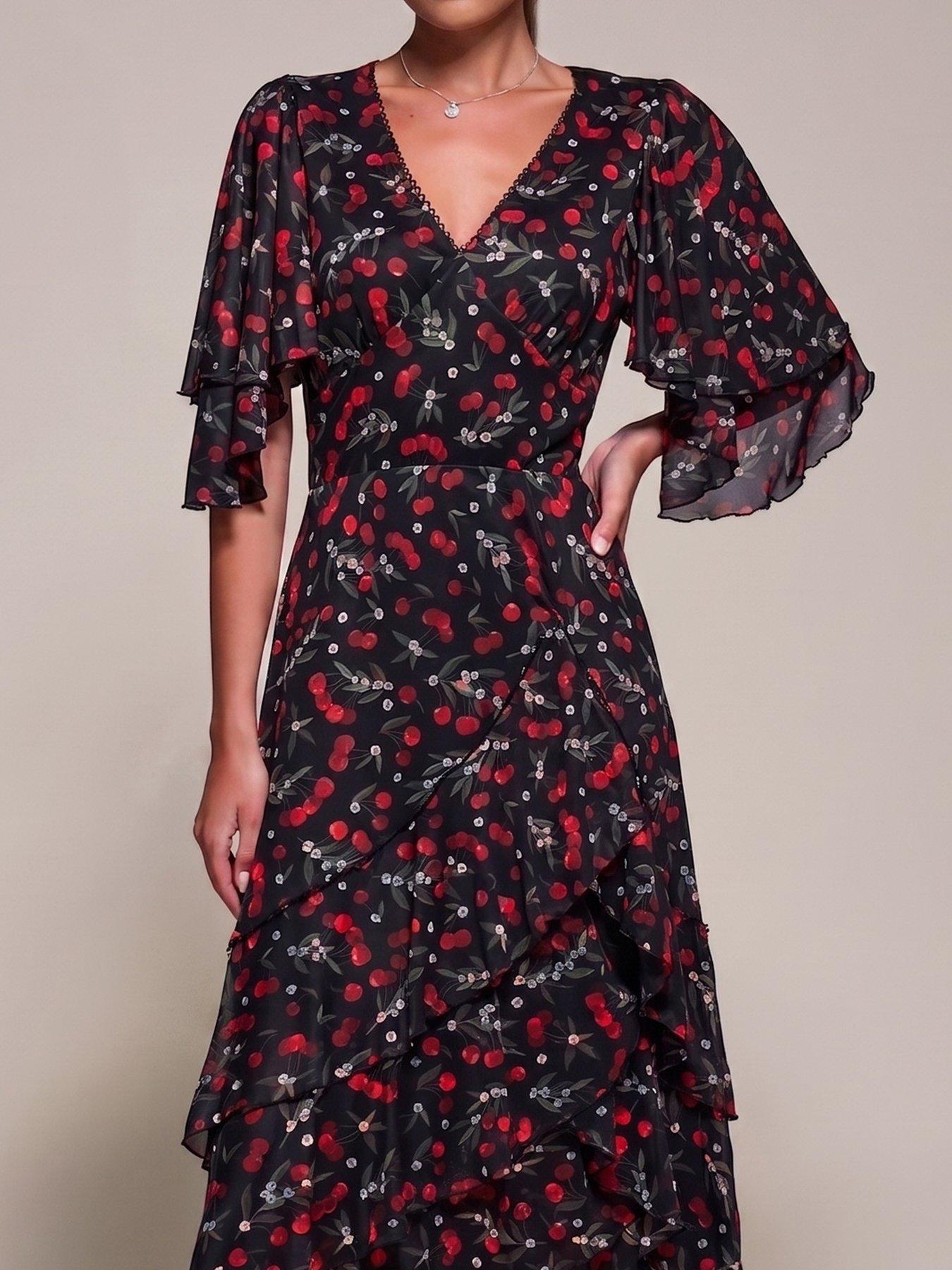 Image 4 of 6 of Jolie Moi Womens Sheer Mesh Frill Trim V-Neck Midaxi Dress - Red