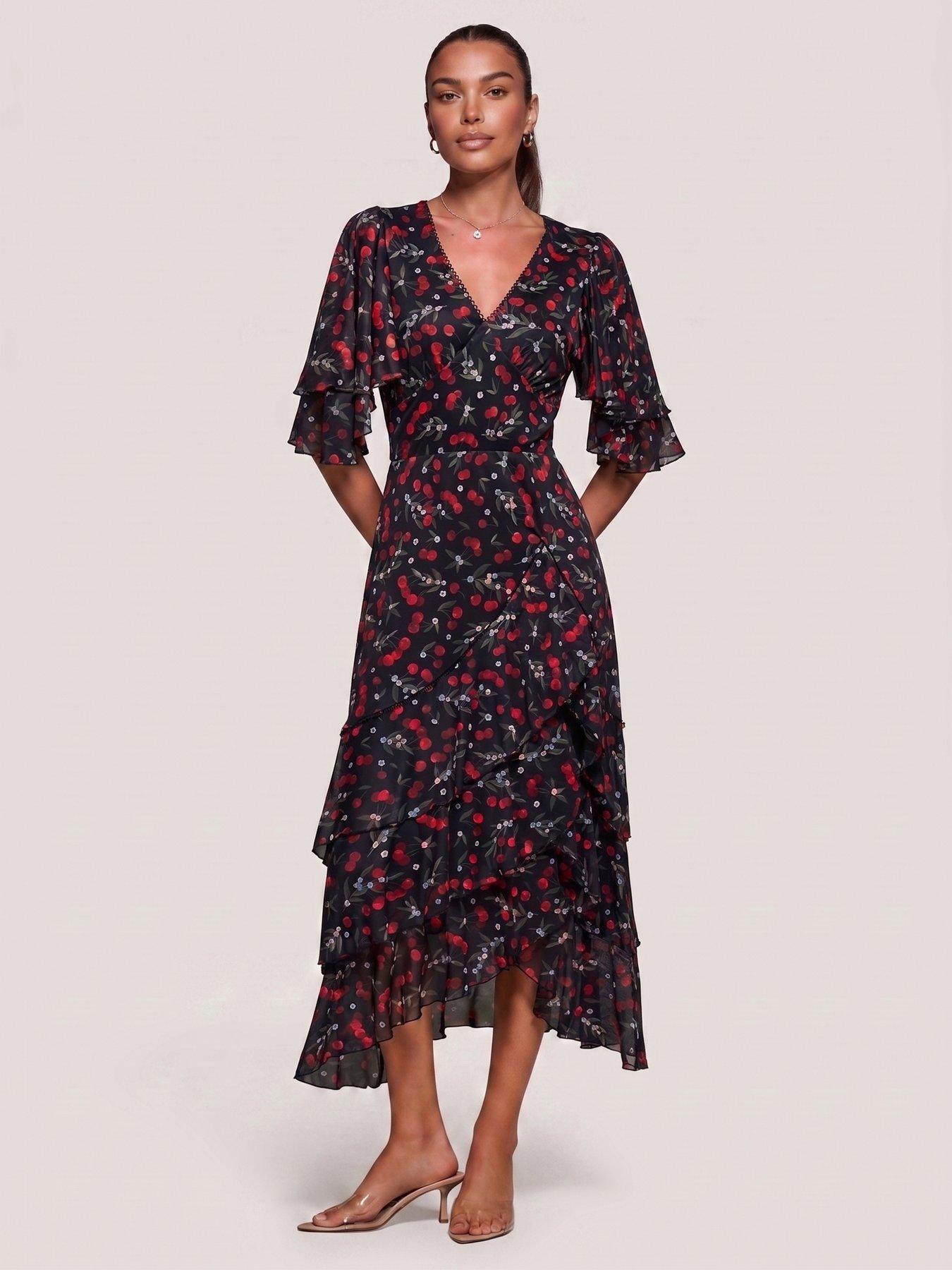 Image 5 of 6 of Jolie Moi Womens Sheer Mesh Frill Trim V-Neck Midaxi Dress - Red
