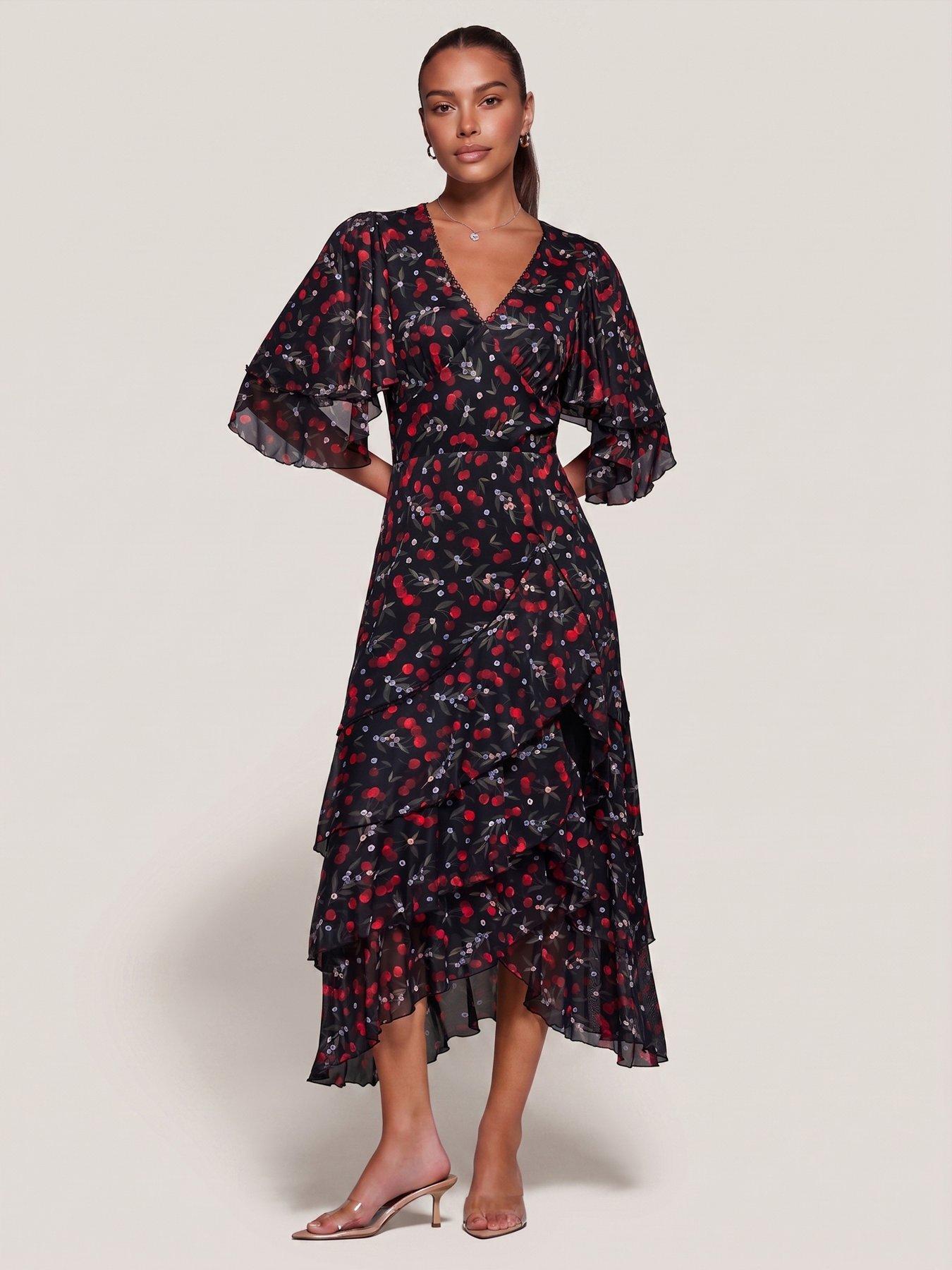Image 6 of 6 of Jolie Moi Womens Sheer Mesh Frill Trim V-Neck Midaxi Dress - Red