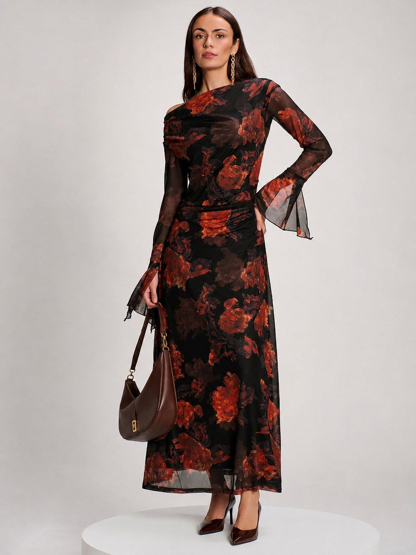 Jolie Moi Womens Slash Neck Flared Cuff Maxi Dress - Black