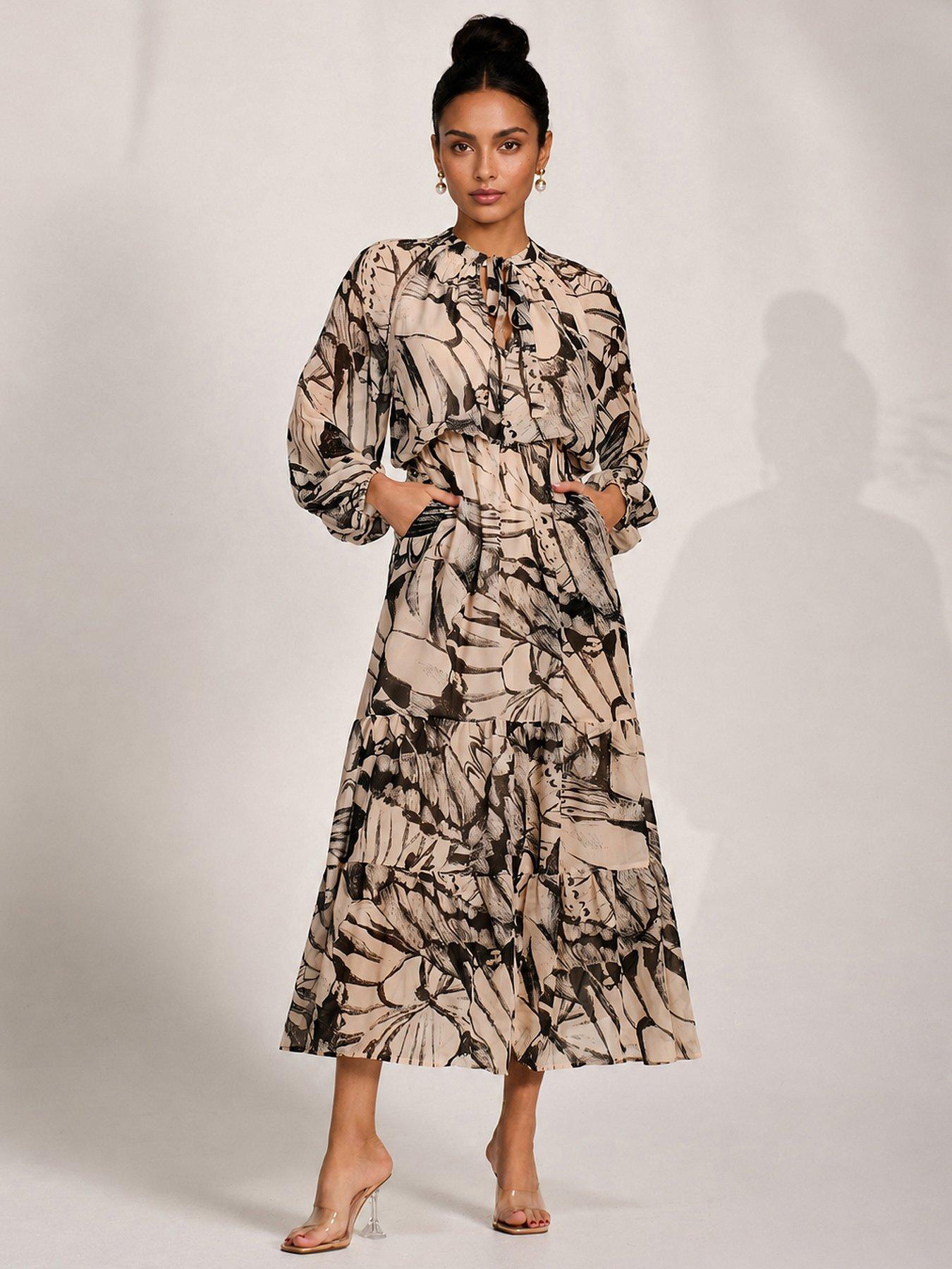 Jolie Moi Womens Chiffon Tie Neck Tiered Maxi Dress - Beige