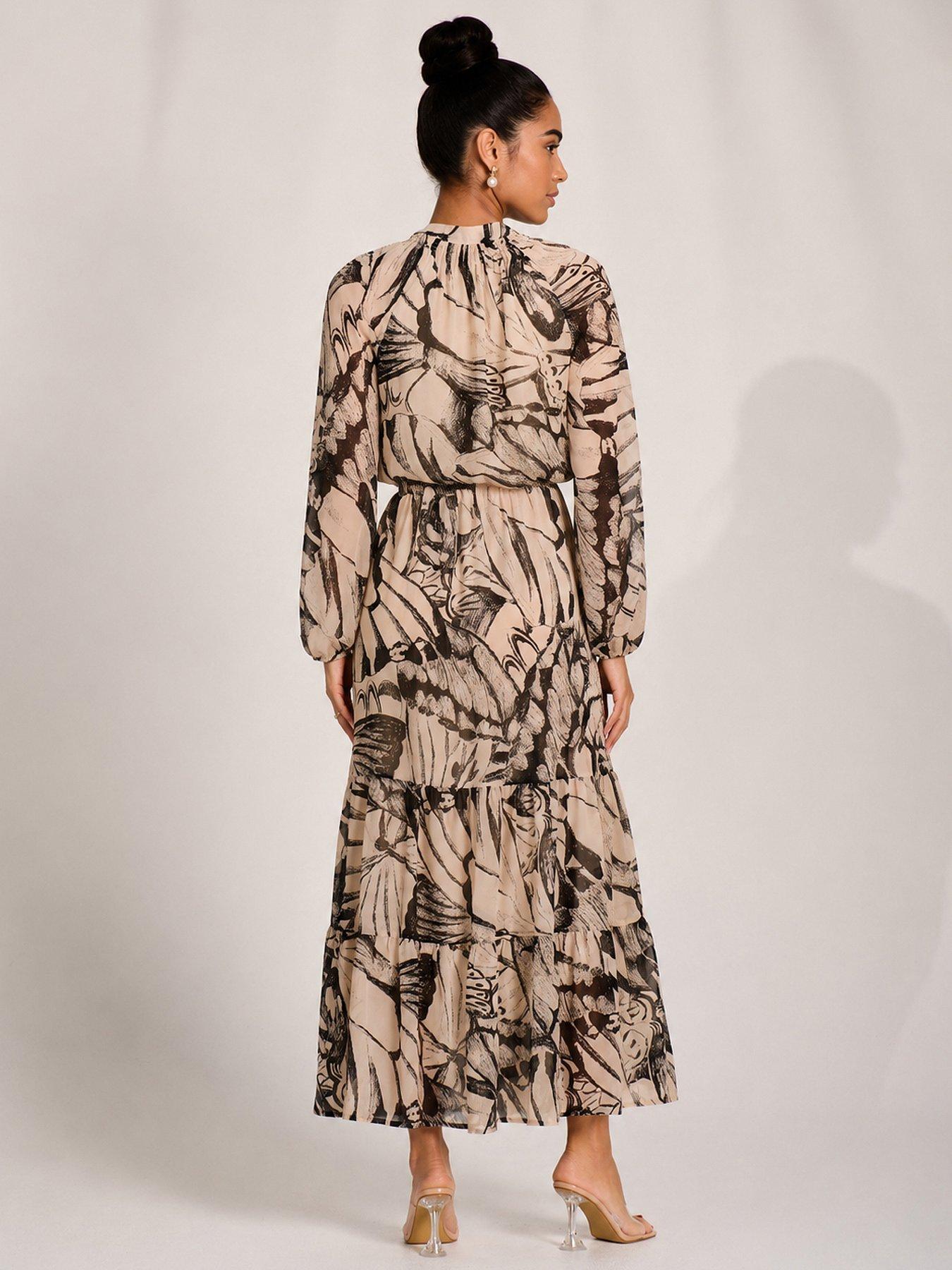Image 2 of 6 of Jolie Moi Womens Chiffon Tie Neck Tiered Maxi Dress - Beige