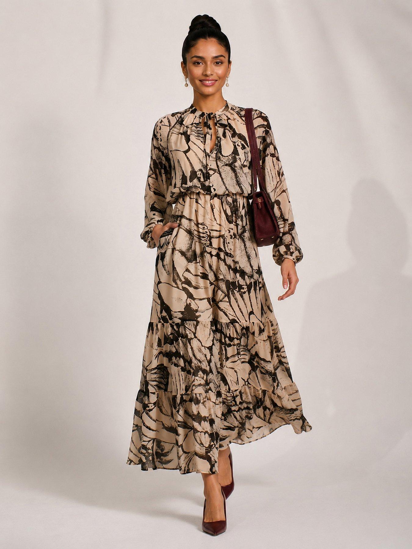 Image 3 of 6 of Jolie Moi Womens Chiffon Tie Neck Tiered Maxi Dress - Beige