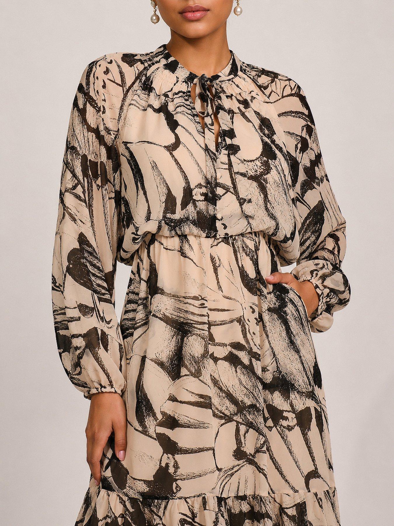 Image 4 of 6 of Jolie Moi Womens Chiffon Tie Neck Tiered Maxi Dress - Beige