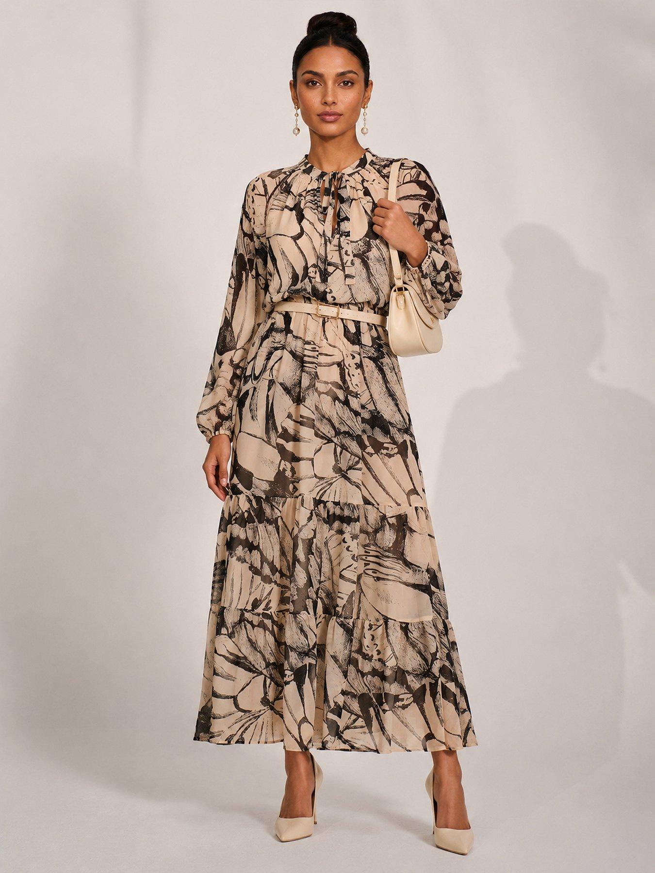 Image 5 of 6 of Jolie Moi Womens Chiffon Tie Neck Tiered Maxi Dress - Beige