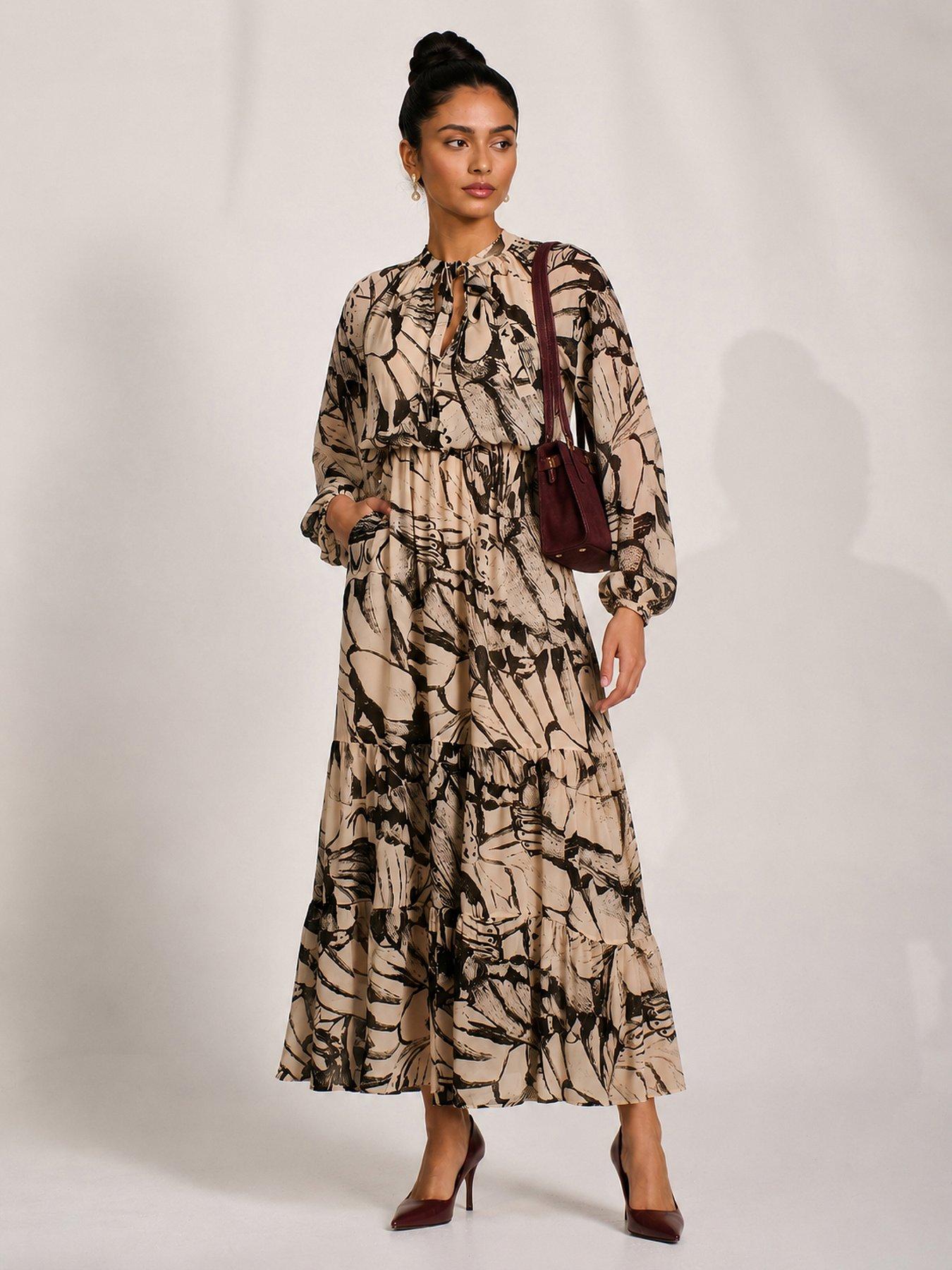 Image 6 of 6 of Jolie Moi Womens Chiffon Tie Neck Tiered Maxi Dress - Beige