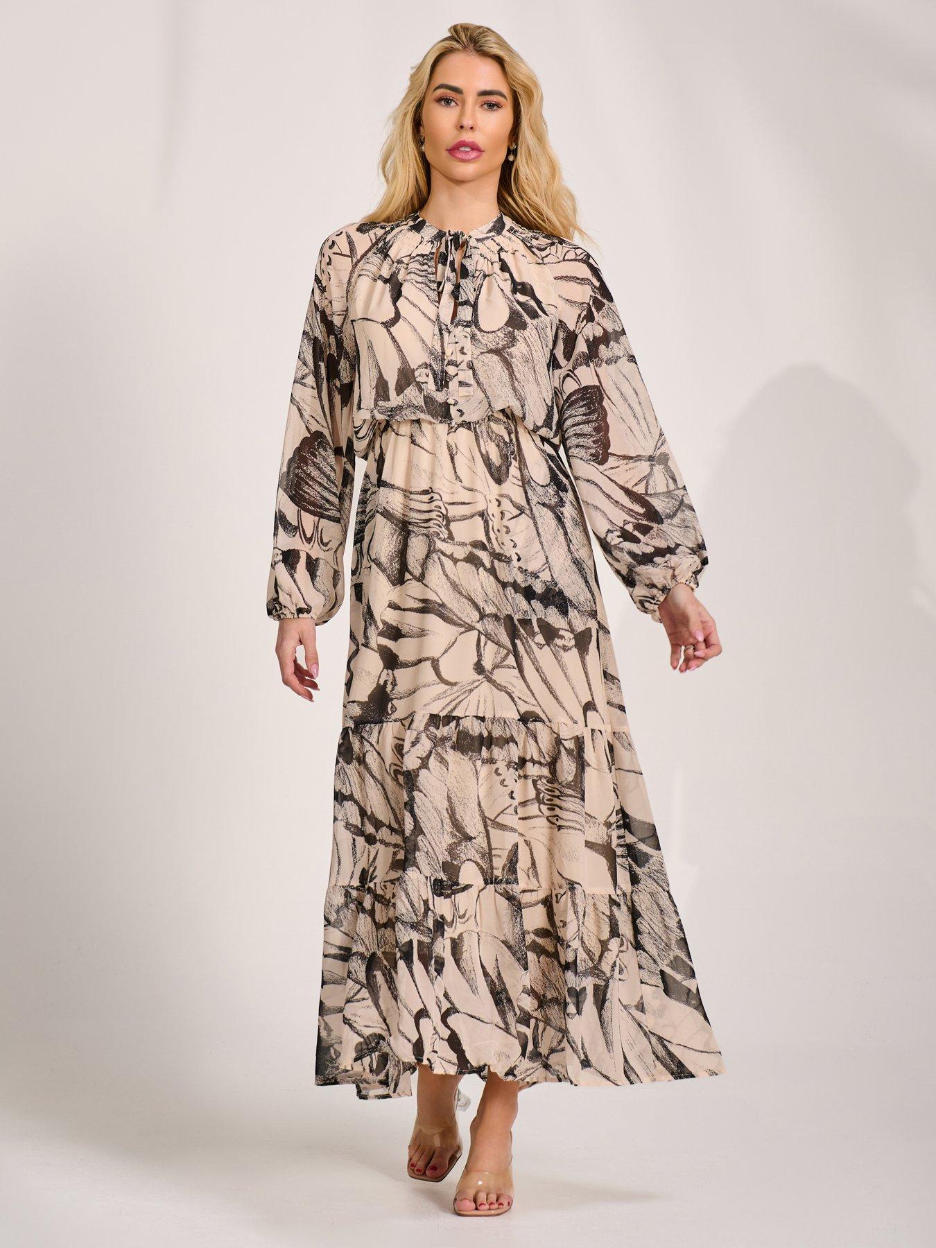 Image 3 of 6 of Jolie Moi Long Sleeve Tie Neck Maxi Dress