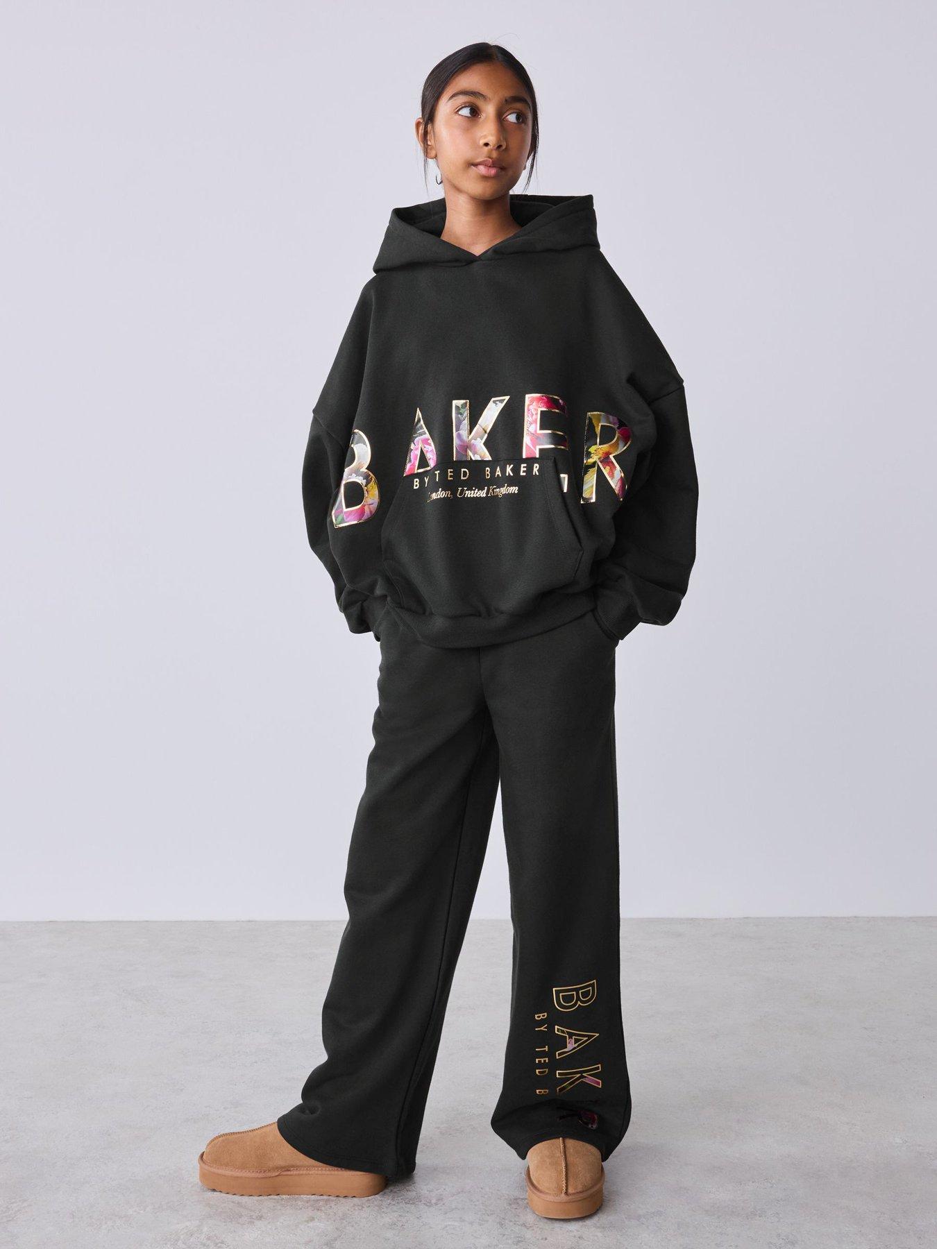 Image 1 of 7 of Ted Baker Girls Oversized Metallic Logo Hoodie &amp; Joggers 2 Piece Set - Black