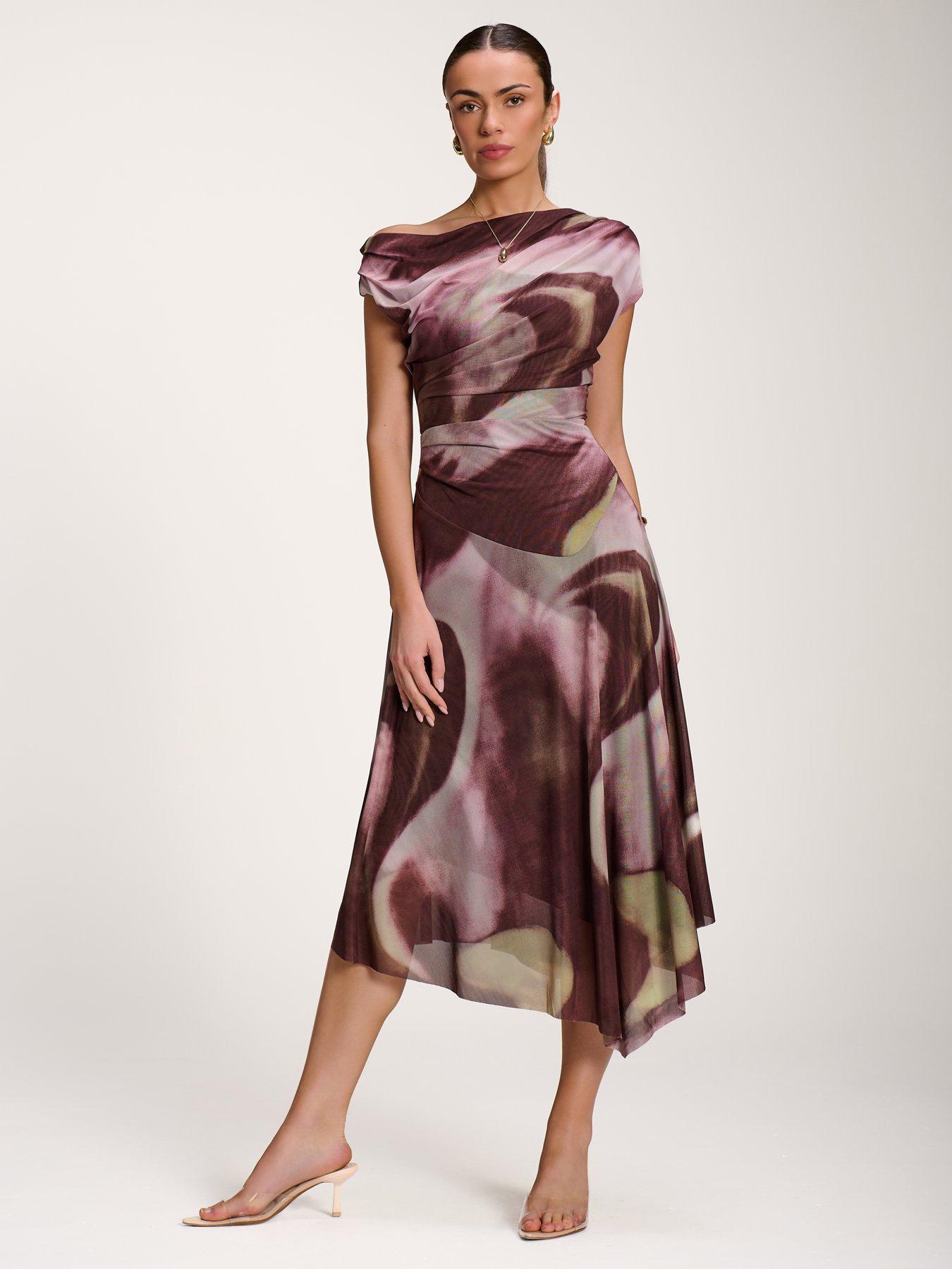 Jolie Moi Womens Asymmetric Draped Mesh Midi Dress - Brown